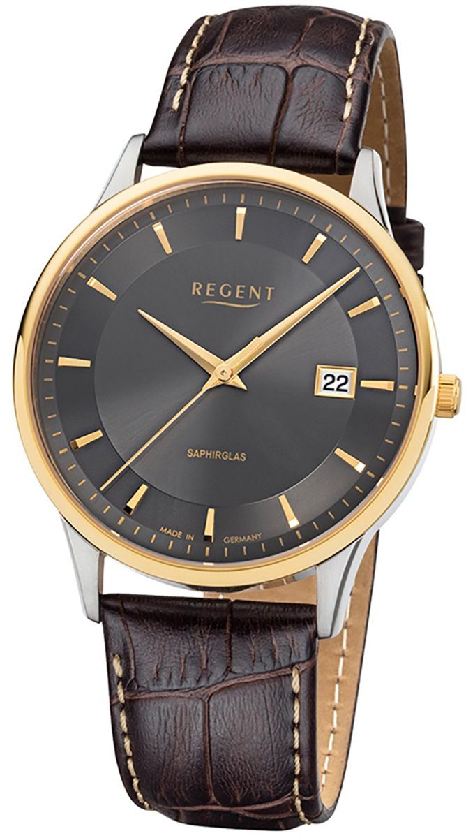 Uhr rund, GM-1608 Quarz, Herren Quarzuhr Herren mittel Lederarmband 39mm), Regent Armbanduhr Regent (ca. Leder