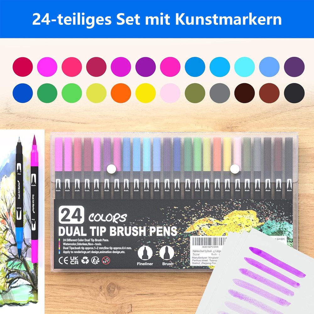 TUWENA Malstift Filzstifte Dual Pinselmarker, Acrylstifte 24 Farben Pinsel Feinespitze, (24-tlg), Doppelten Enden für Painting, Glas, Papier, Holz, Keramik, DIY – Bild 2 von 5