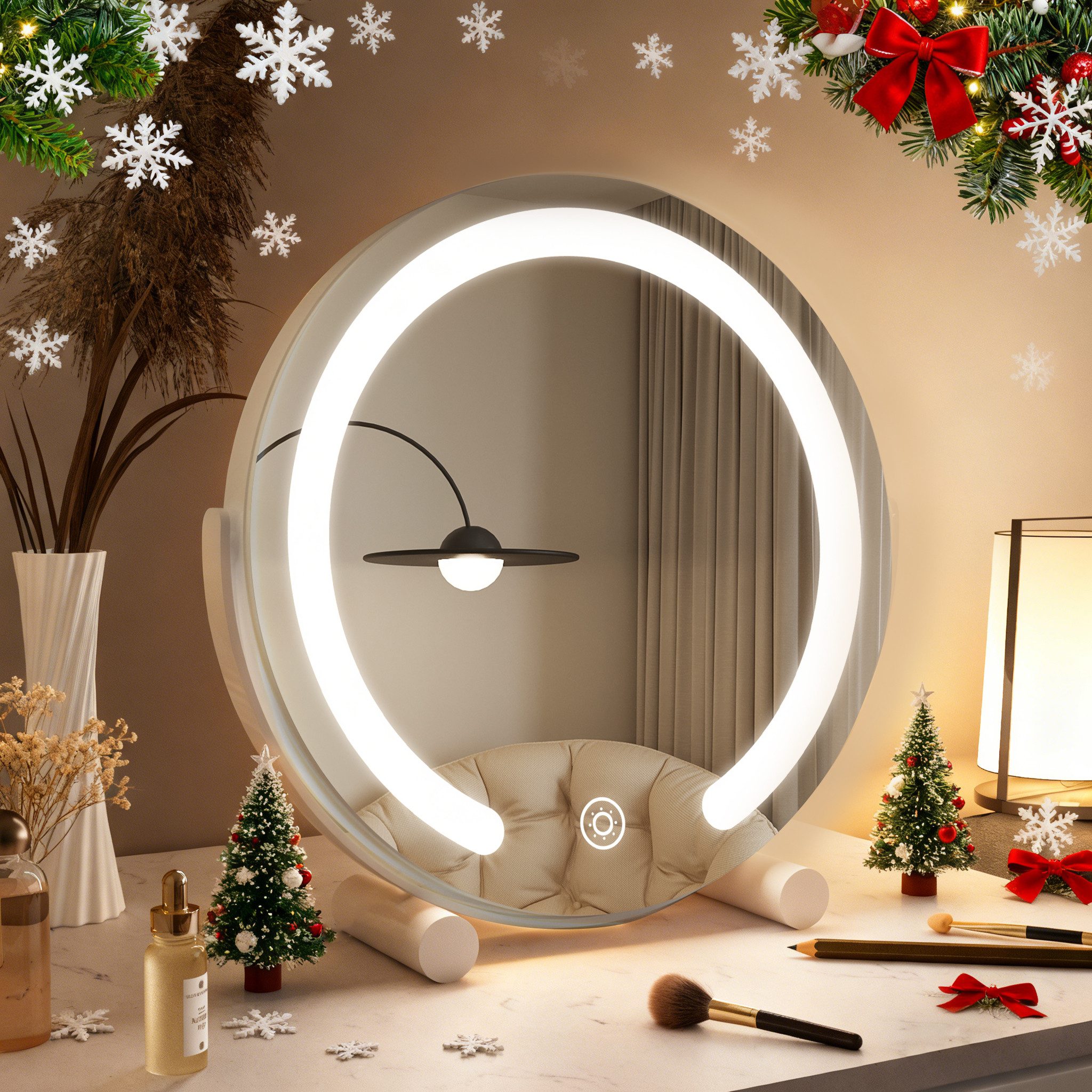 WDWRITTI Schminkspiegel mit Beleuchtung für tisch Косметички 3Lichtfarben Dimmbar Touch (Tischspiegel Rechteckig Rund, mit LED, Touch), HD Kupfer- und bleifreier Зеркало, Stabile Standfuß