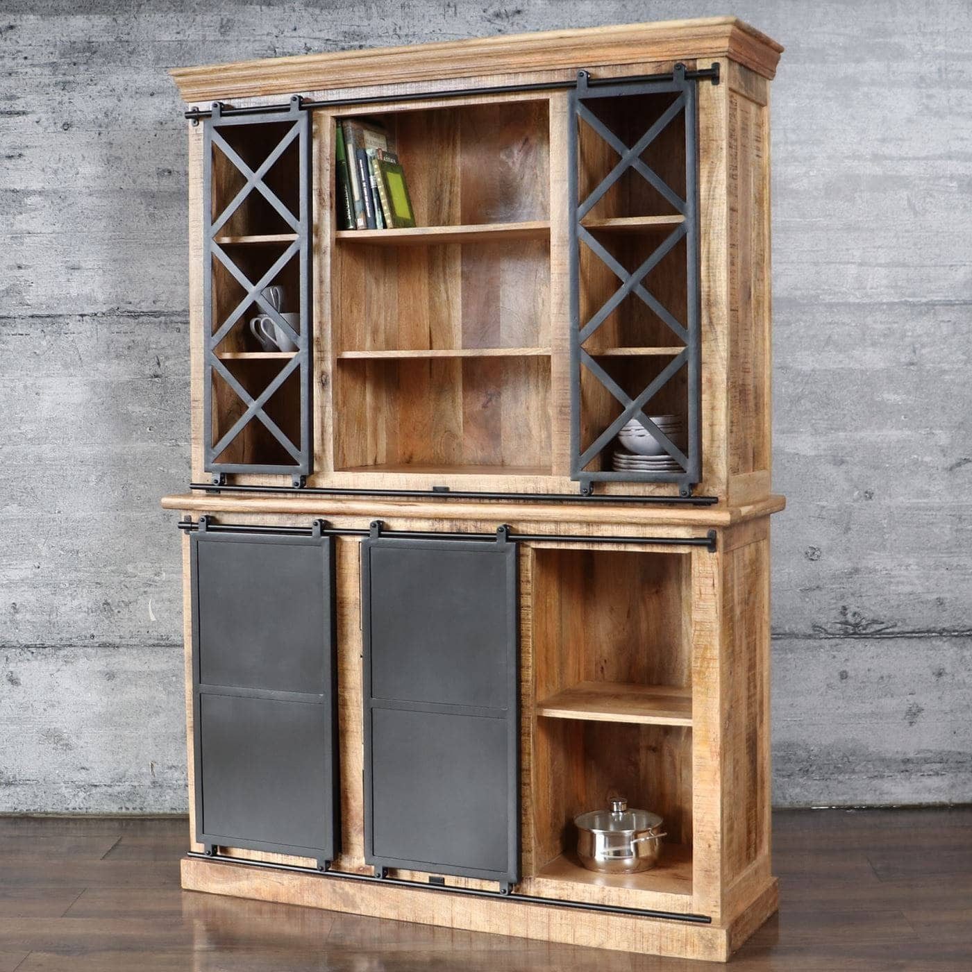 baario Buffet Geschirrschrank SELCE Industrial 150cm Massivholz Eisen Vitrine Buffet Schiebetüren