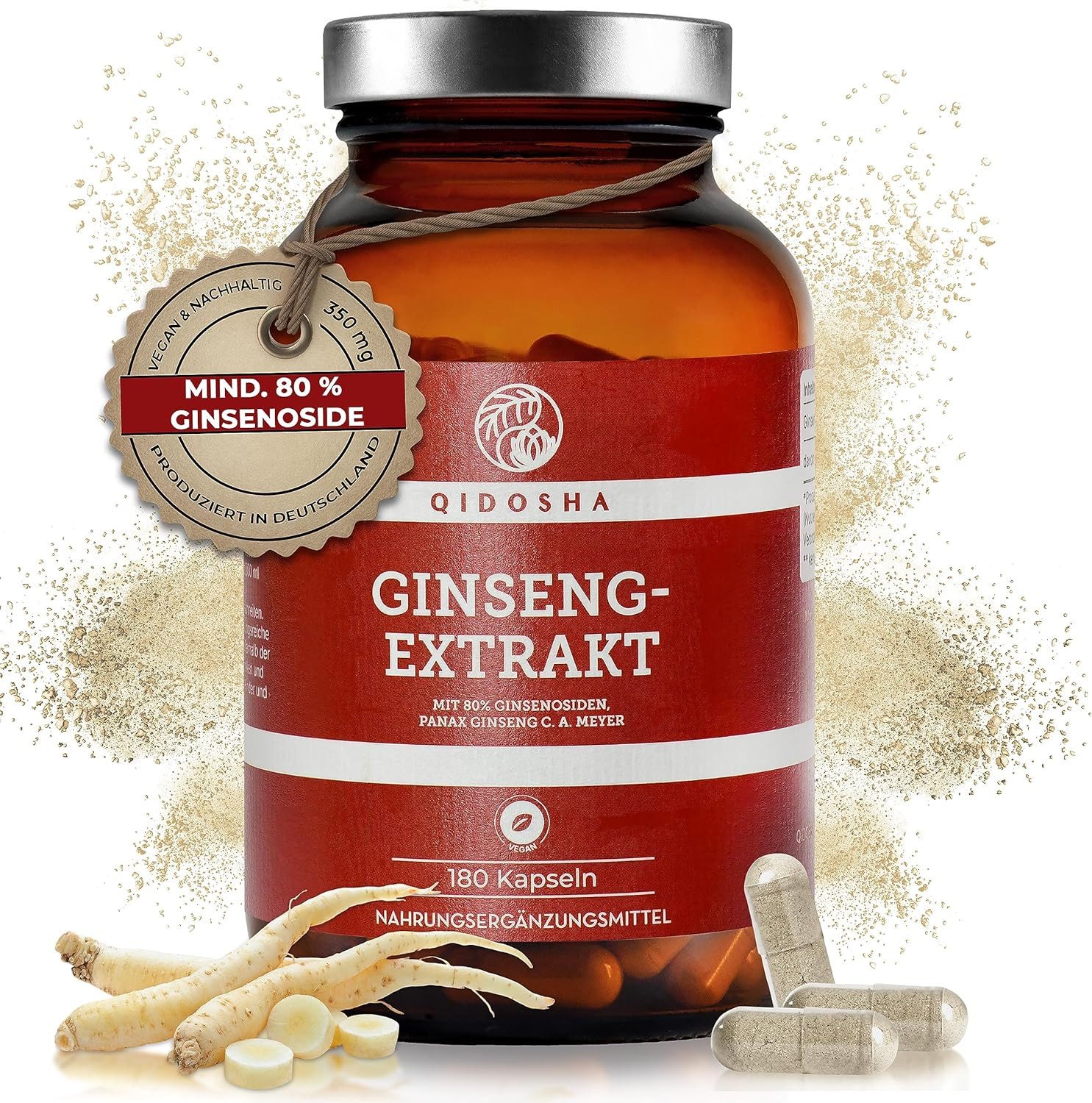 QIDOSHA Ginseng-Extrakt Kapseln, hochdosierte Ginseng Kapseln mit 80% Ginsenosiden, 180 Kapseln im Apothekerglas, original Roter Panax Ginseng C.A. Meyer, deutsche Застосуватиung, ohne Füllstoffe à 180 St., 84.6 g