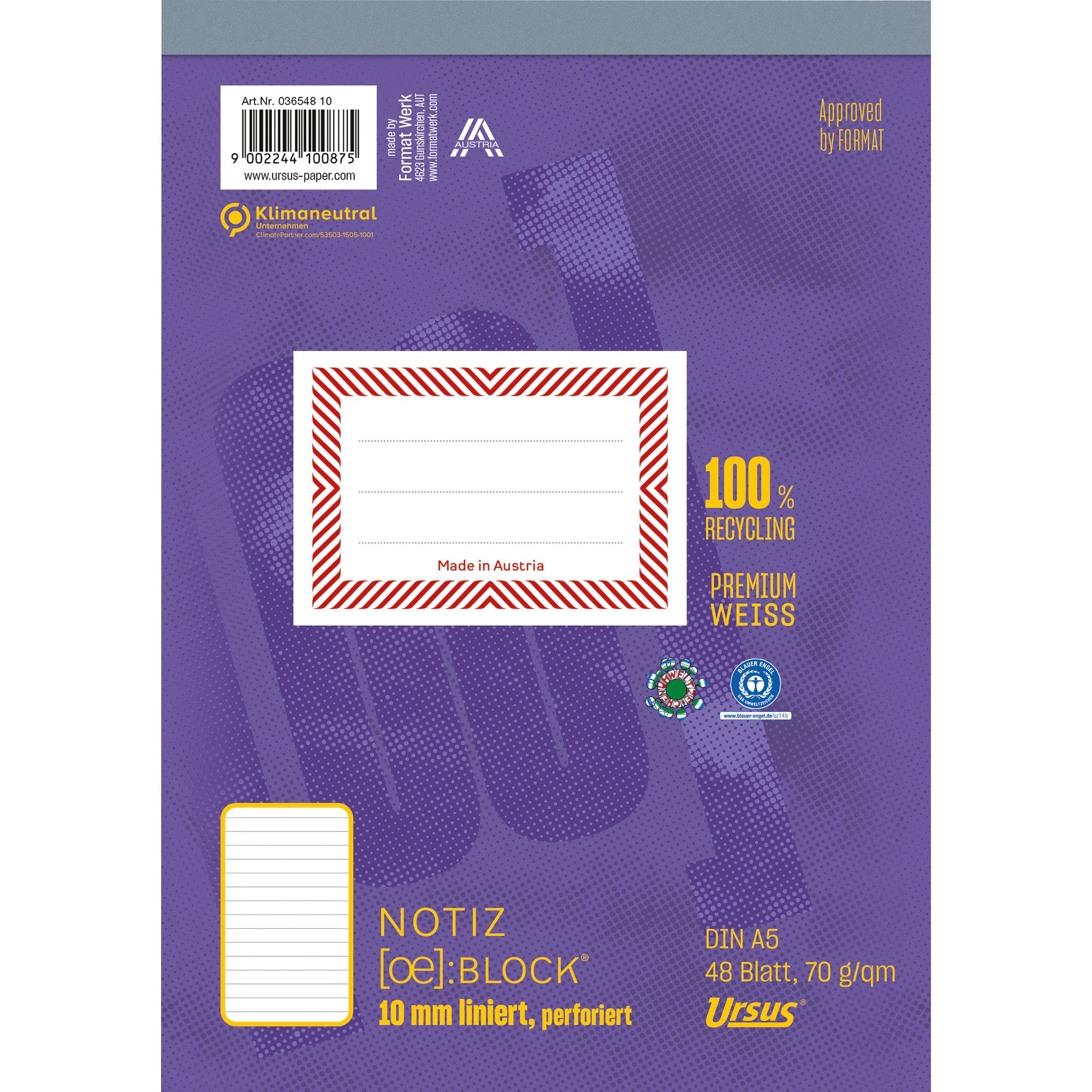 Ursus - Ludwig Bähr Notizblock Schreibblock Green A5 liniert premiumweiß, 70g, 48 Blatt
