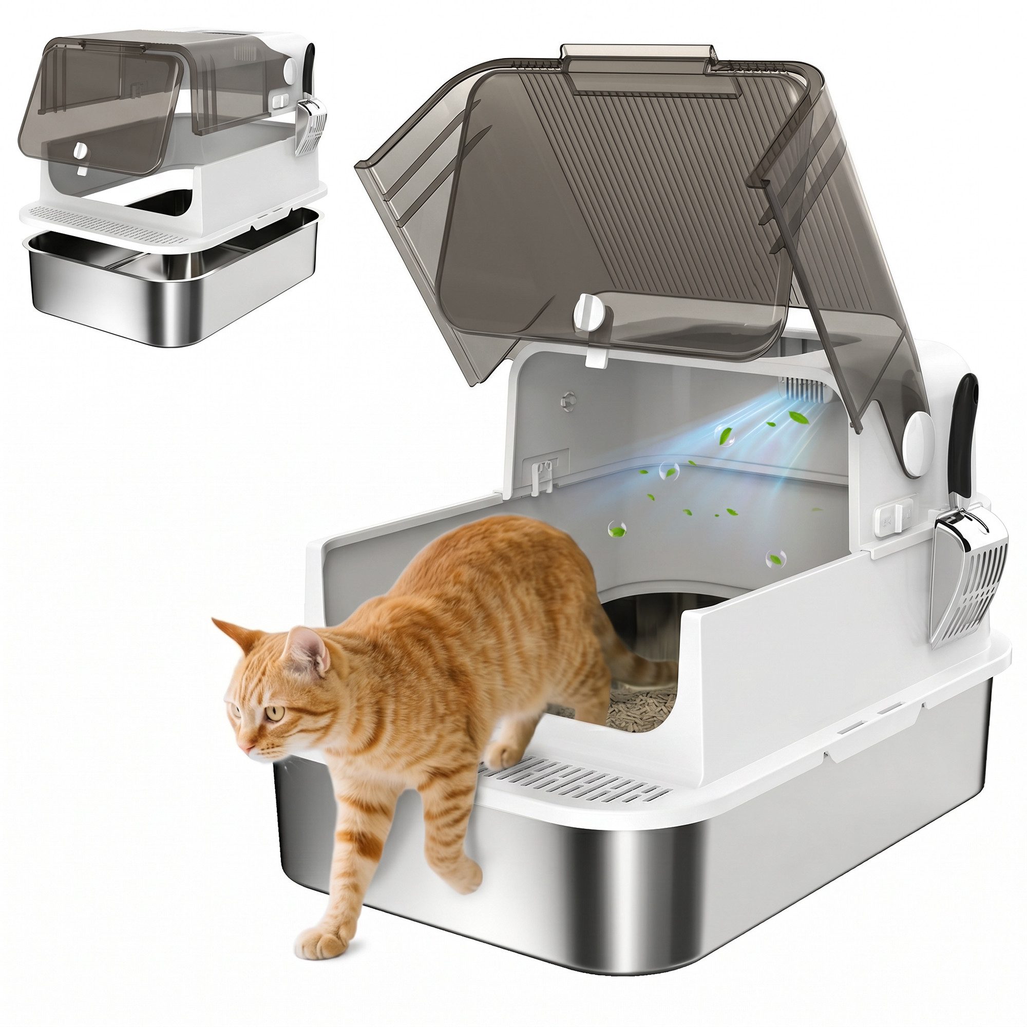 PawHut Katzentoilette Katzenklo Edelstahl mit Deckel XXL 52L für große Katzen und Mehrere, mit Doppeltüren Schaufel Pedal hoher Ränder Leicht zu Reinigen