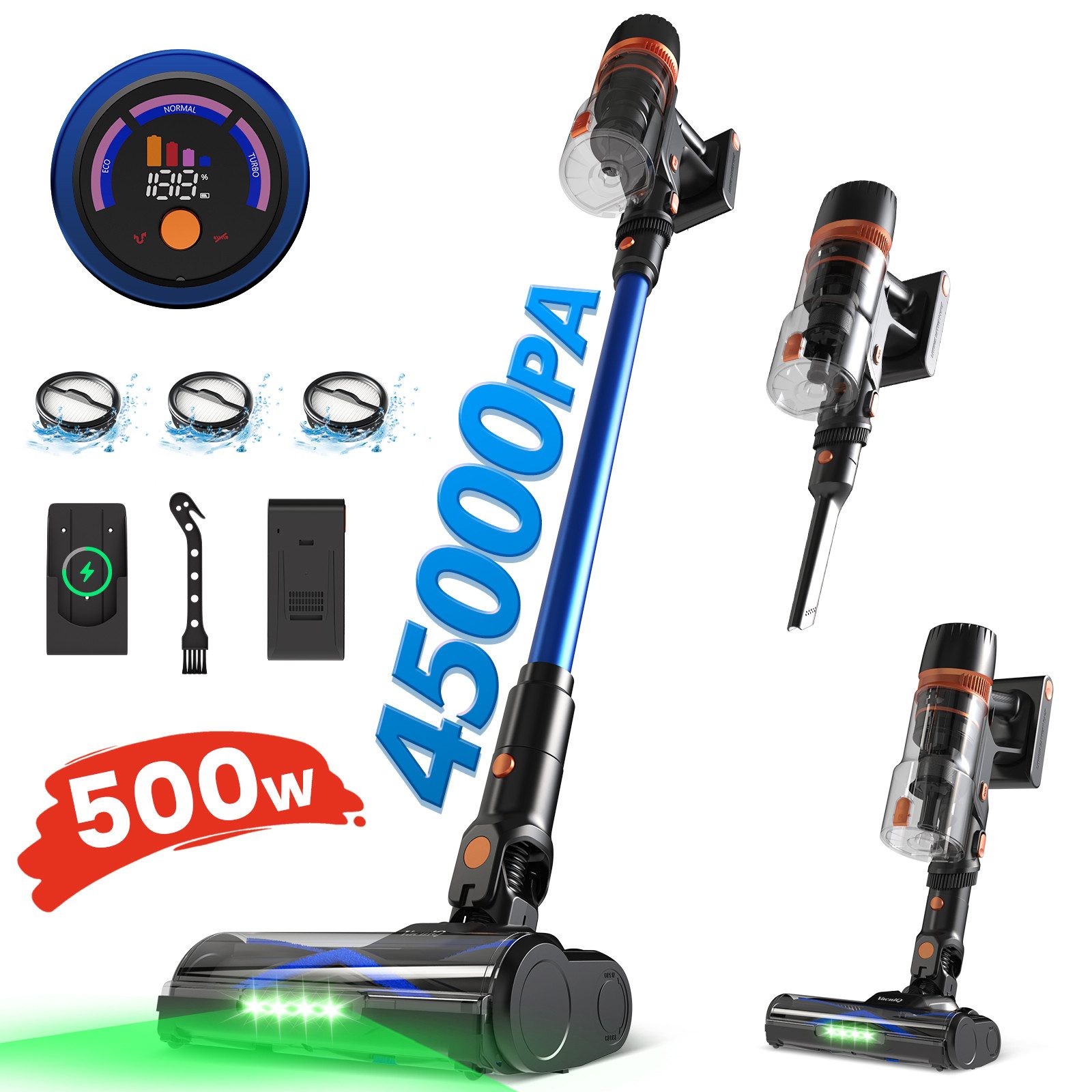 VacniQ Akku-Hand-und Stielstaubsauger Akku-Hand-und Stielstaubsauger 45KPa 500w langanhaltende Akkulaufzeit, 500,00 W, Akku-Stielstaubsauger, Schnellladetechnologie