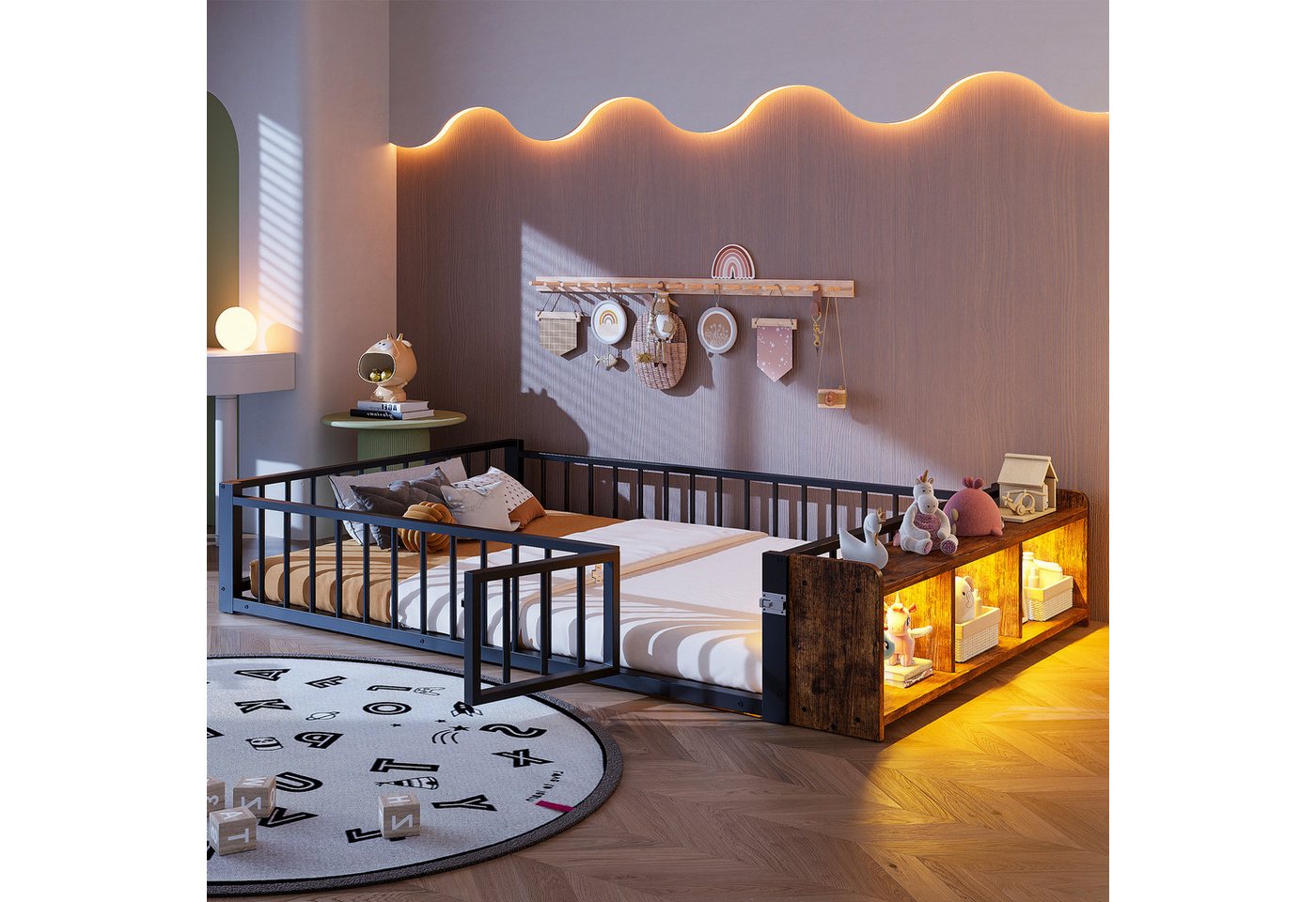 Merax Kinderbett mit LED-Beleuchtung, Metallbett, Bodenbett (1-tlg), Flachbett 140x200cm mit Schutzgeländer,offenem Ablagefach,Bettgestell