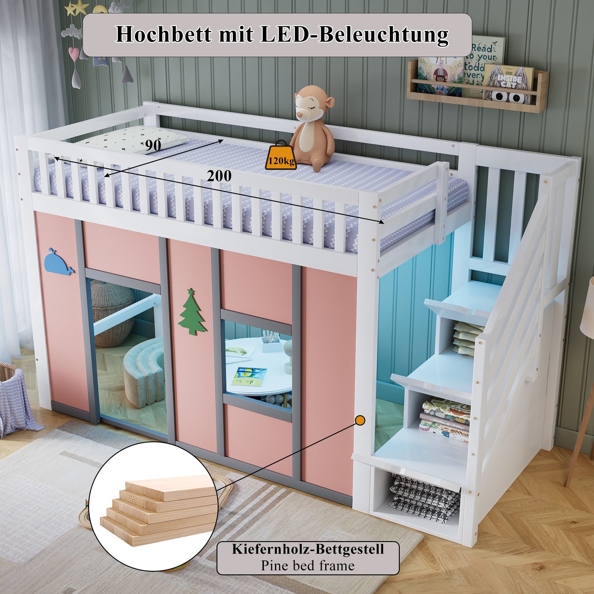 BlingBin Hochbett Kinderbett Funktionsbett Einzelbett mit Stauraumtreppe, Spielbereich (3 Packung, 1-St., Spielbett mit LED Beleuchtung,Sicherheit und Stauraum,90x200 cm) Platzsparendes,für Kinder Jugendliche,ohne Matratze