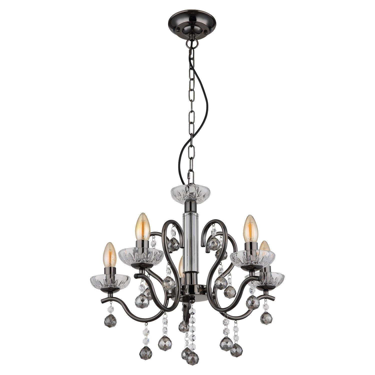 GLOBO LIGHTING Kronleuchter CAMILA, Ø 50 x H 120 cm, 5-flammig, Chromfarben, ohne Leuchtmittel, Schwarz, Transparent, Metall, Kristallbehang aus Glas