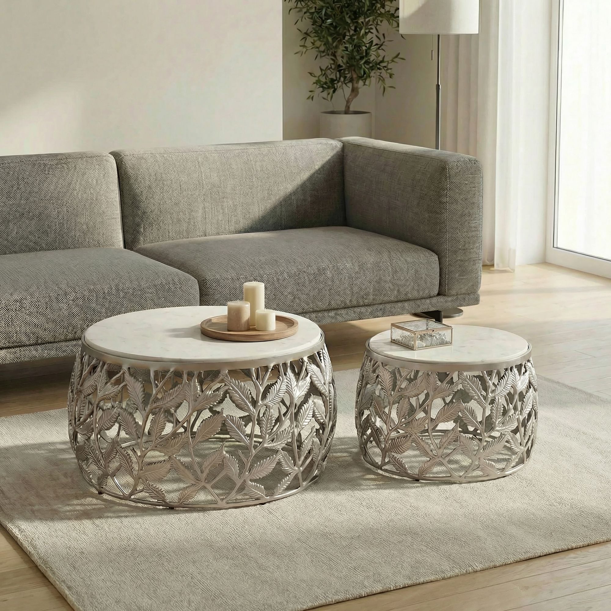 Wohnling Couchtisch WL7.339 2er Set Couchtisch Silber Wohnzimmertisch Beistelltisch Marmor (Elegante Tischkombination für stilvolle Wohnräume), Zwei Größen für flexible Nutzung im Alltag