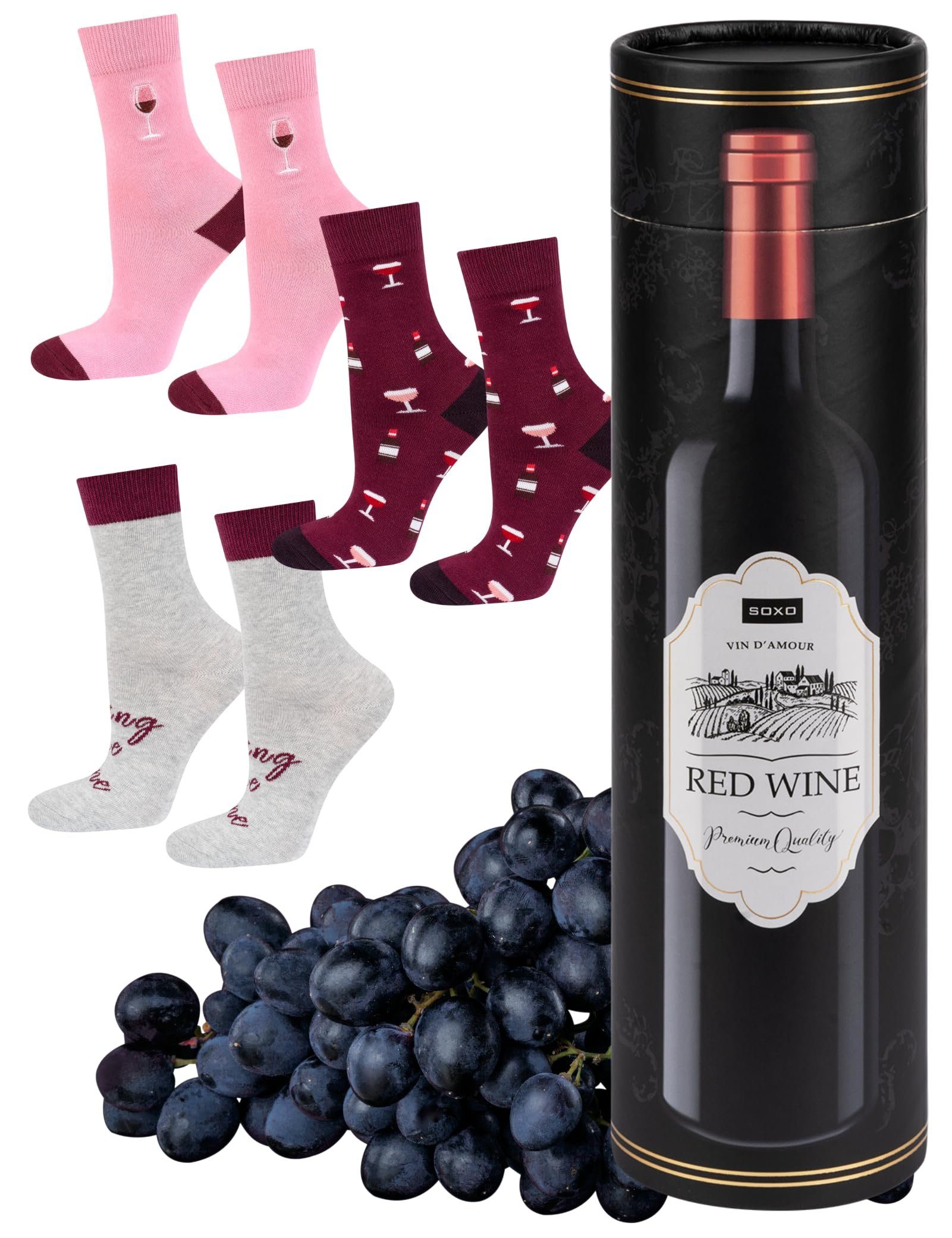 Soxo Socken Lustige Geschenke Für 3 Frauen Red Bunte Damen (Flasche, 3-Paar, 35-40EU Socken Set) Getränke Wine