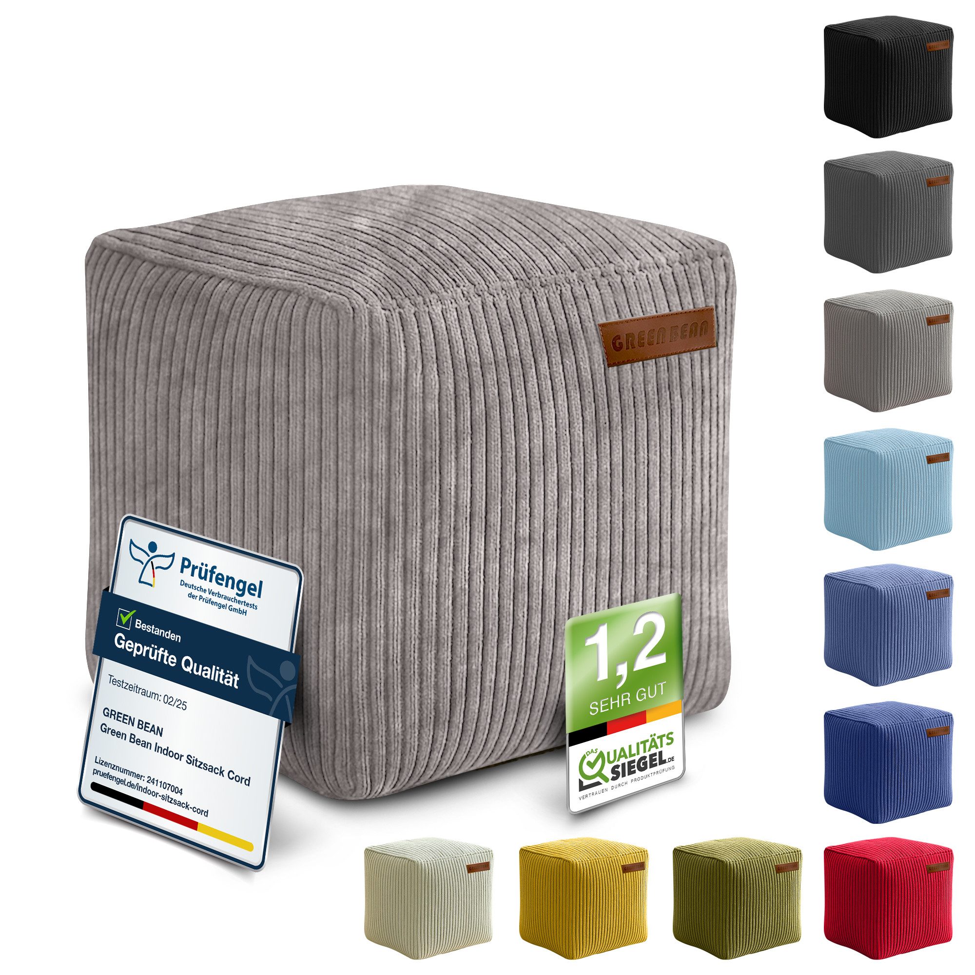 Green Bean Pouf Cube Cord (Indoor Sitzhocker Sitzkissen Fußhocker Relax-Sessel, Made in Germany), die ideale Ergänzung zum Sitzsack