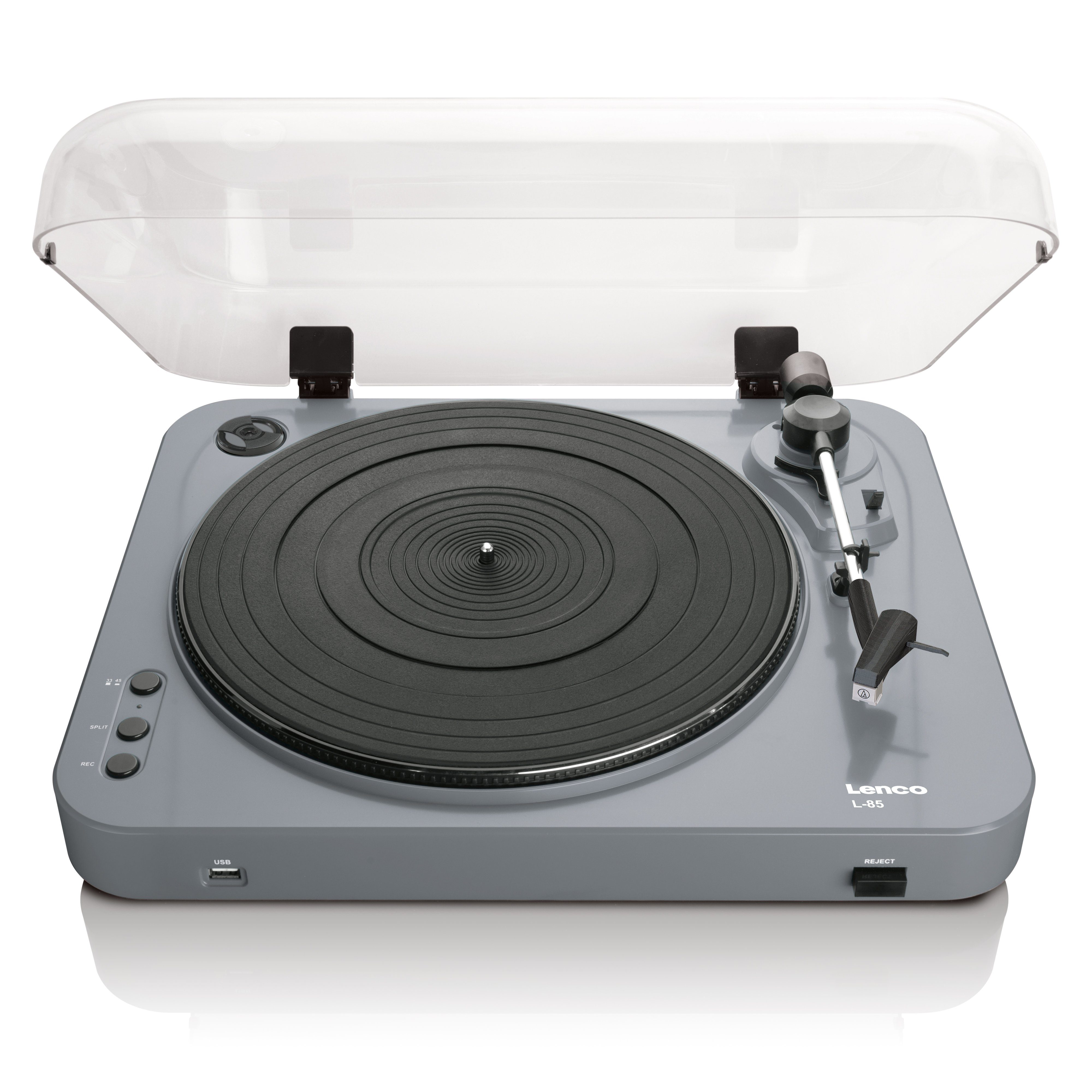 Lenco L-85 Grey Plattenspieler (Riemenantrieb, 33/45 U/min, integrierter Verstärker & USB-Digitalisierung, Grau)