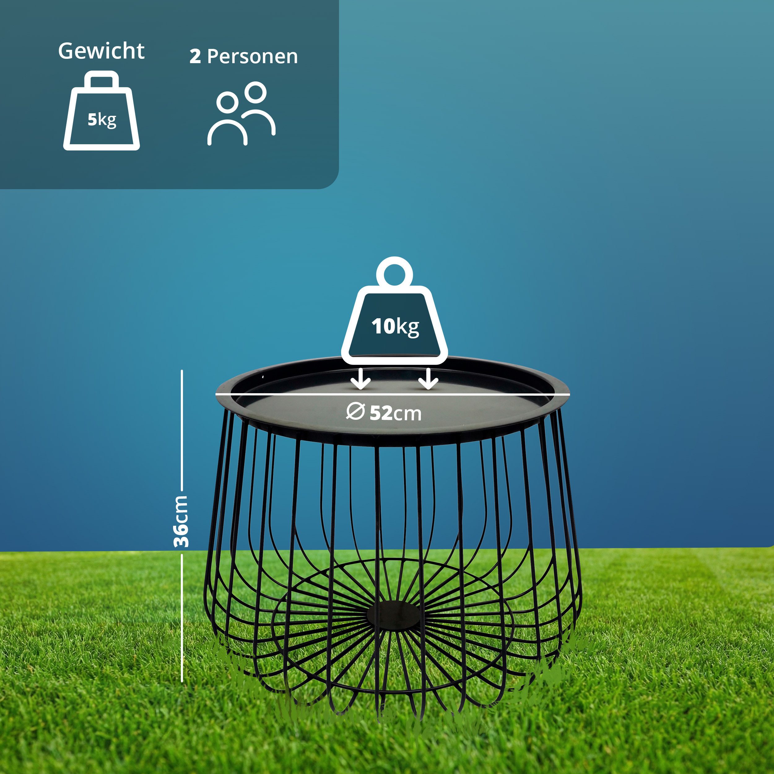 KHG Beistelltisch Garten-Beistelltisch in Anthrazit aus Stahl (runder Couchtisch im Industrial Design mit abnehmbarer Tischplatte, wetterfest UV-beständig, 52x3 – Bild 4 von 5