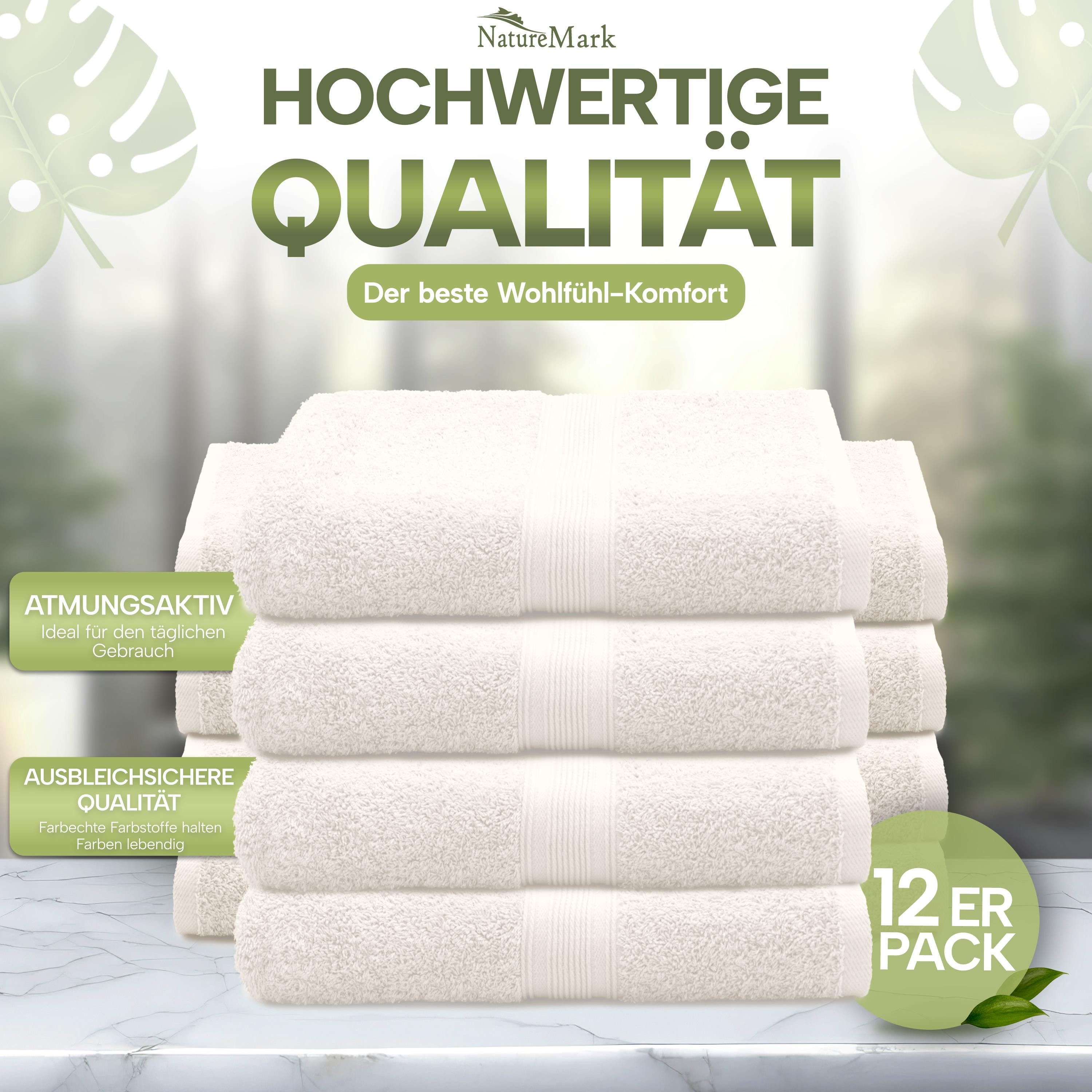 NatureMark Gästehandtuch Gästetuch 500gsm, 100% Baumwolle (12-St), Gästehandtuch Premium Qualität, 30x50cm, Naturweiß
