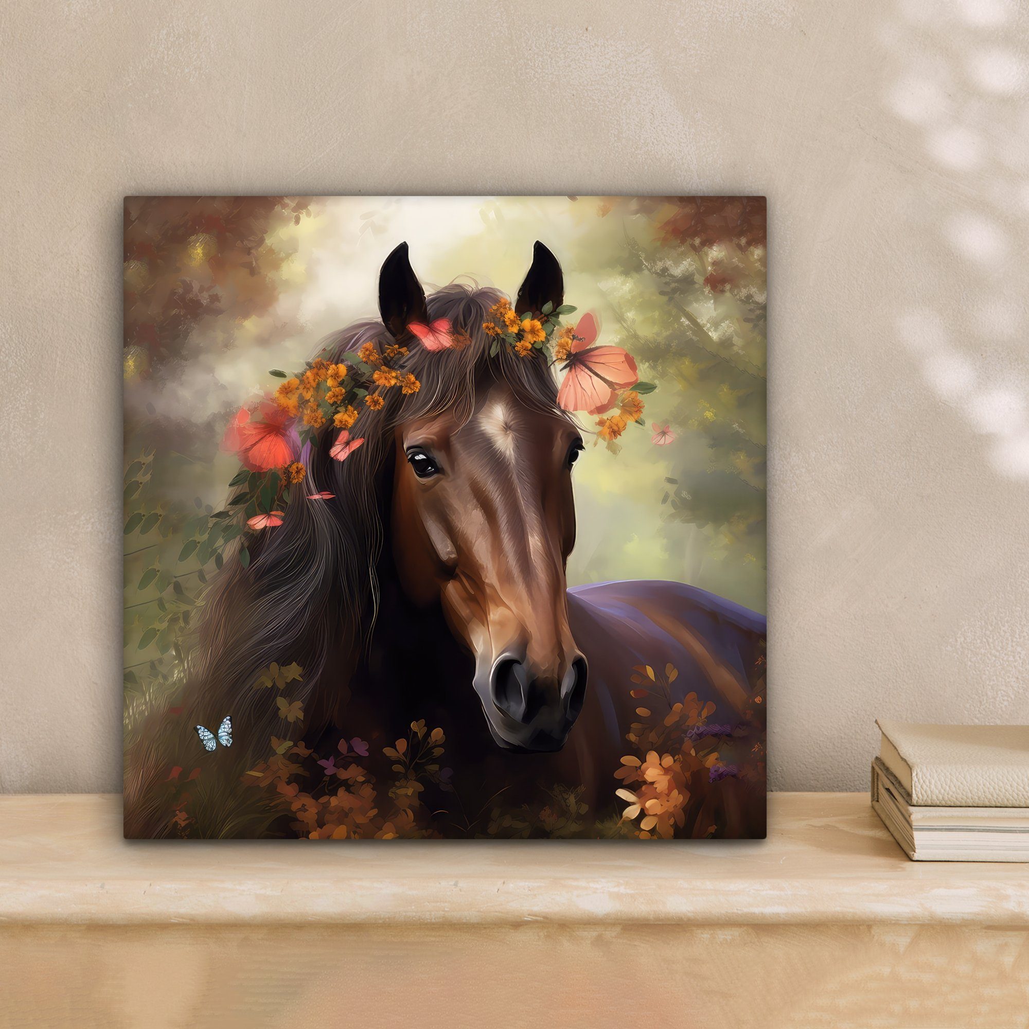 OneMillionCanvasses® Leinwandbild Pferd - Tiere - Blumen - Wald - Schmetter günstig online kaufen