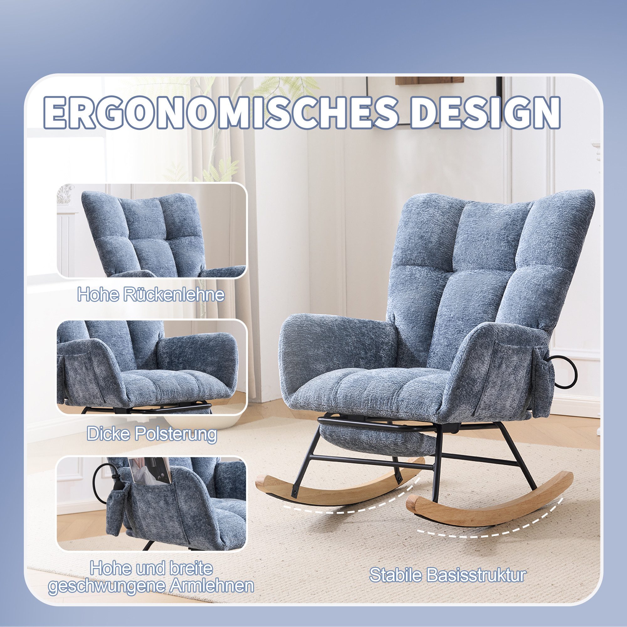 Vankel Schaukelstuhl Schaukelstuhl Wohnzimmer mit Fußstütze & Luftkissen-Rückenlehne, Chenille Relaxsessel mit Stauraum & Komfort Rückenlehne