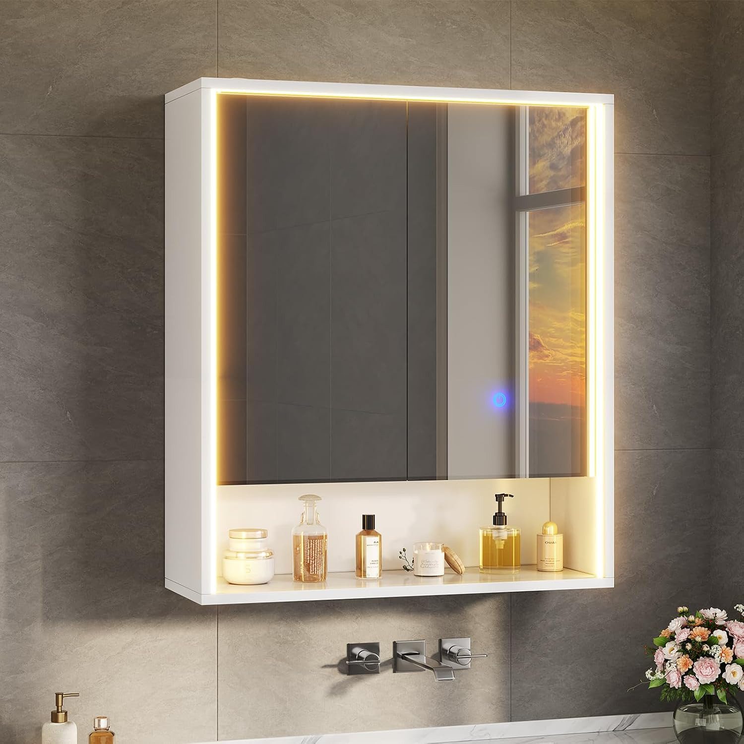 MSMASK Badezimmerspiegelschrank mit LED Beleuchtung, Steckdose & 3 Farbtemperaturen, 60x70x19 cm, Weiß (1-St) 3-stufig höhenverstellbare Ablage