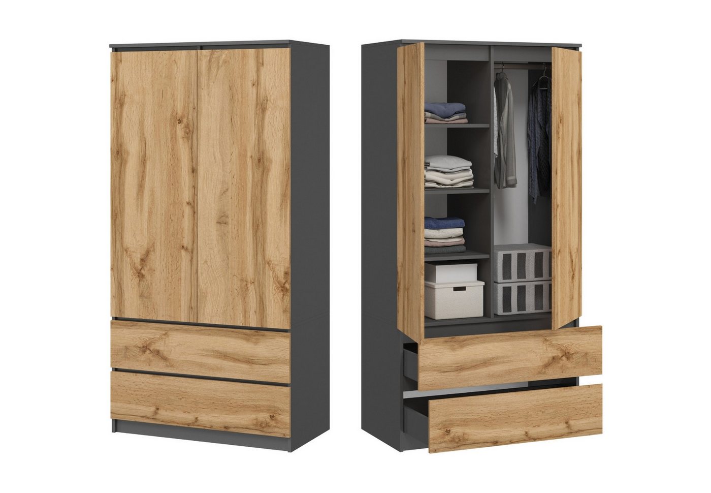 Home Collective Kleiderschrank Schrank 90cm breit mit 2 Schubladen, 3 Einlegeböden und Kleiderstange (Haushaltsschrank Schrank Organizer für Schlafzimmer Flur Keller Büro) robust & vielseitig viel Stauraum 90x50x180 (BxTxH) anthrazit / eiche
