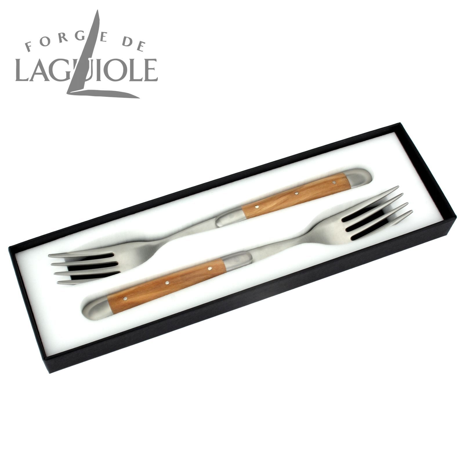 Forge de Laguiole Steakbesteck FE2 2M IN OL SAT, 2 Gabeln - Griff Olivenholz - Gabelteil Stahl satiniert