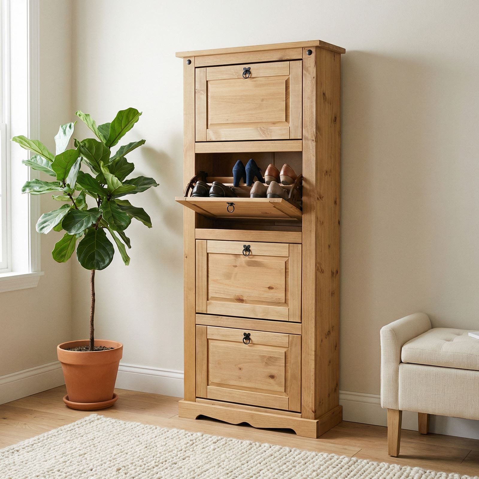 IDIMEX Schuhkommode TEQUILA, Schuhkipper TEQUILA Schuhschrank Schuhkommode 4 Klappe Kiefer Mexico L