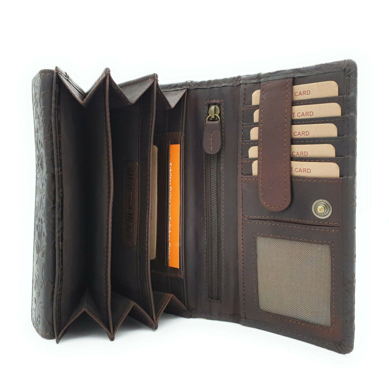 Hill Burry Geldbörse echt Leder Damen Portemonnaie, florale Prägung, mit RFID Schutz, schokoladen-braun