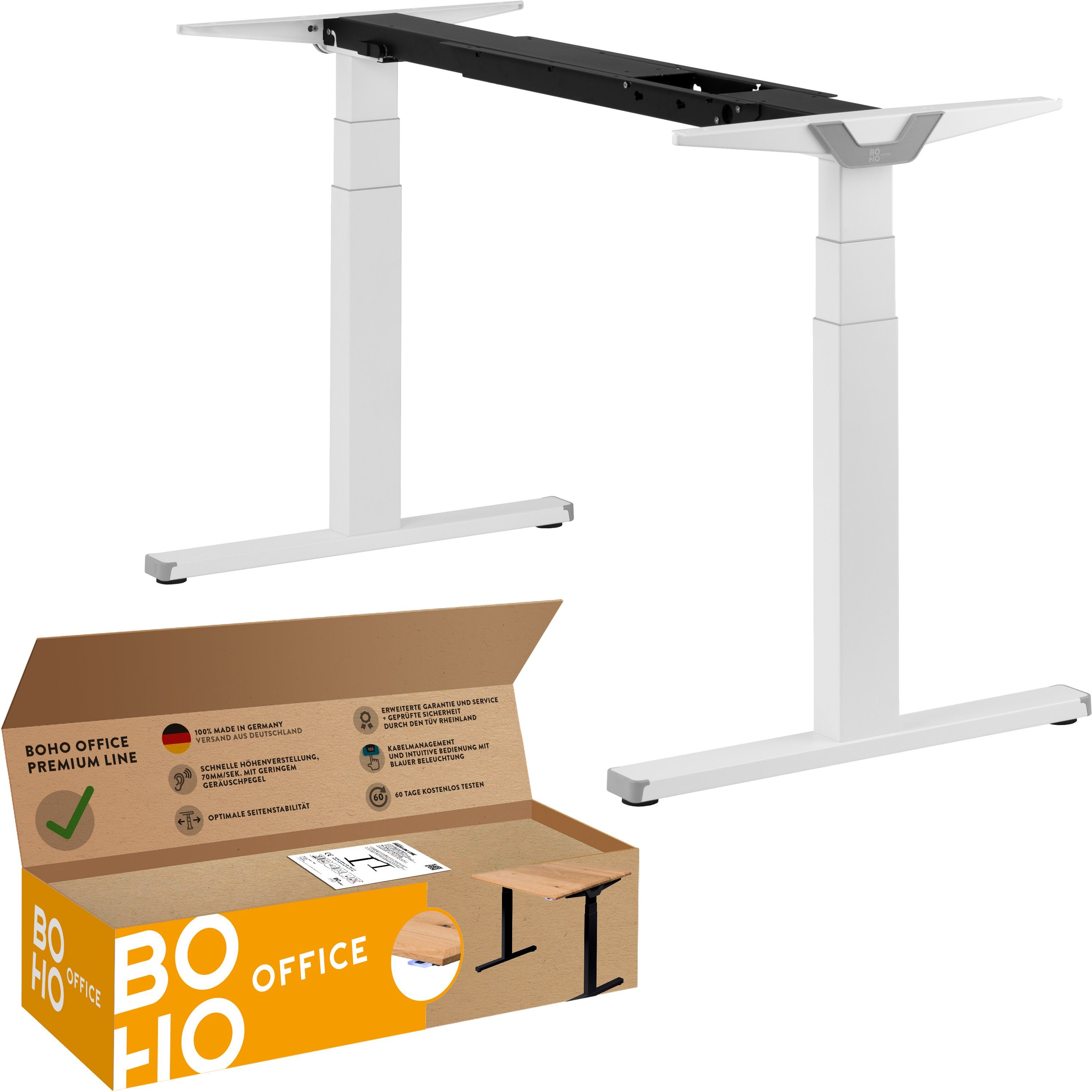 boho office® Schreibtisch Premium Line, elektrisch stufenlos höhenverstellbar in Weiß - Made in Germany - Weiß | ohne Tischplatte | Kinderschreibtische