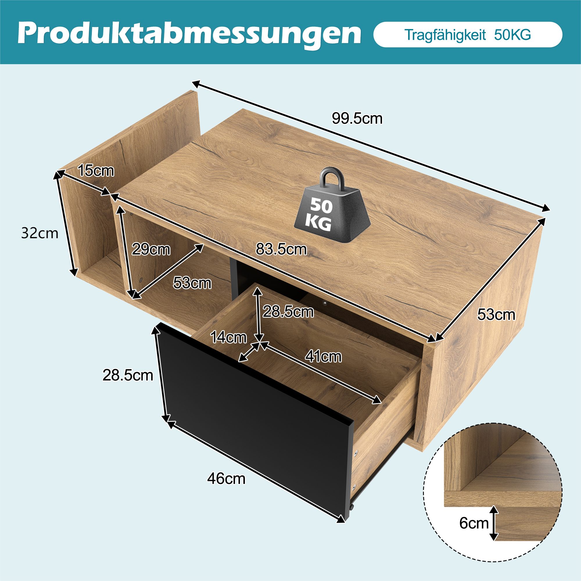 LVHOM Couchtisch Retro Sideboard mit LED & Cleverem Stauraum // Holz-Metall-Design (Stauraum (offenes Fach + Schublade + Trennstege), LED-Steuerung für atmosphärische Akzentbeleuchtung, Robuster Holz-Metall-Rahmen, Beistelltisch, Bar, Sideboard, Roomteiler), in Wohnzimmer, Flur oder Homeoffice