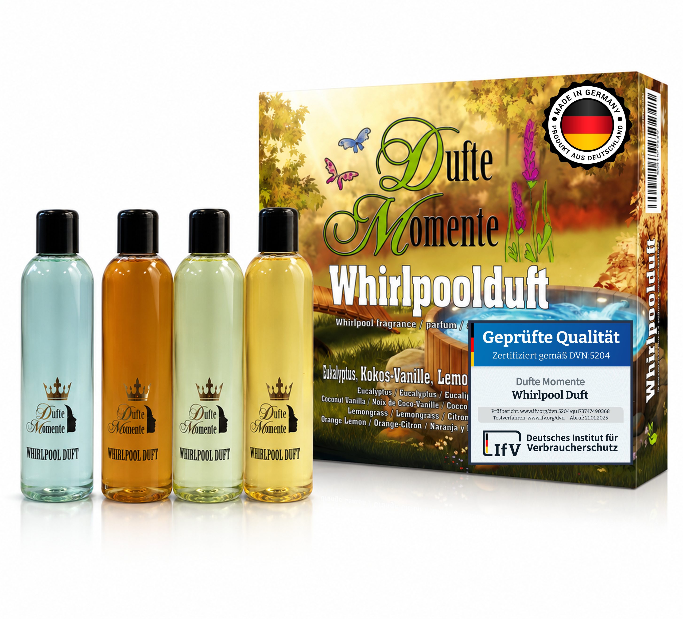 Dufte Momente Badezusatz Whirlpool Duft-Set 4x250ml: Eukalyptus, Kokos-Vanille, u.a., 4-tlg., Mit ätherischen Ölen, vegan, tierversuchsfrei