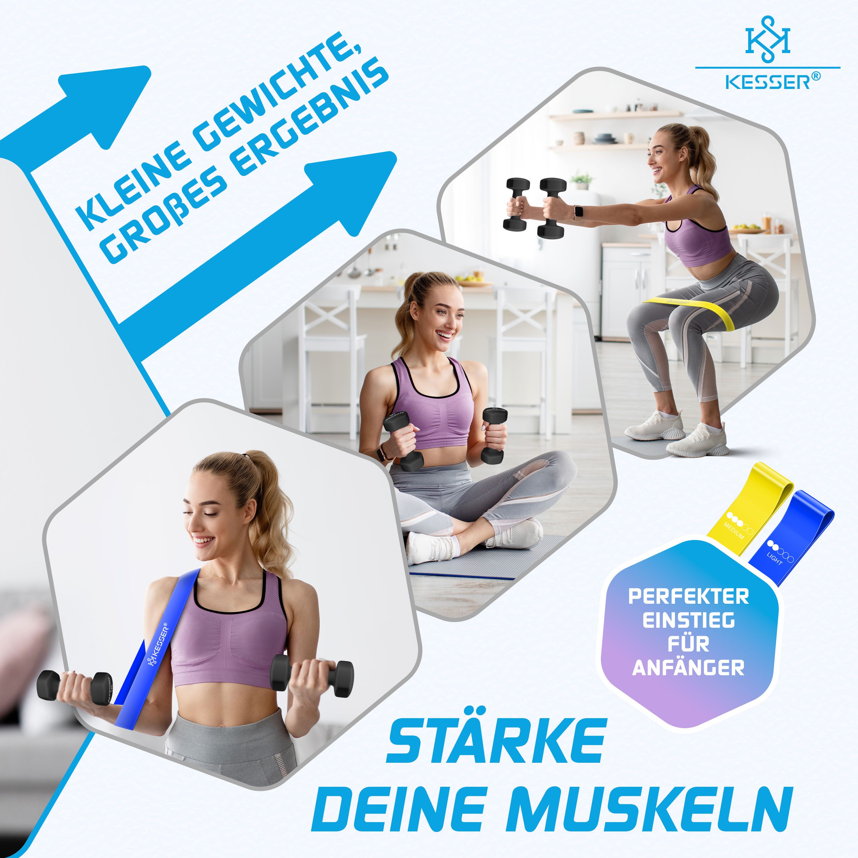 KESSER Hantel-Set, (2 x 5 kg), Kurzhantel Gymnastikhanteln 2er Set mit Übungsheft, 2x Fitnessbänder