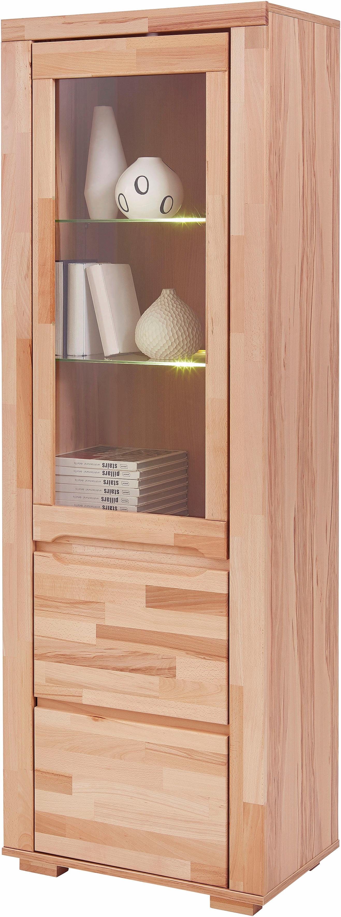 OTTO home Vitrine DENIS75, 5 Fächer, Teilmassiv, 1 Tür mit Glaseinsatz, grifflos B/T/H:65/40/190cm, Einlegeboden teilwese verstellbar, Kernbuche geölt.