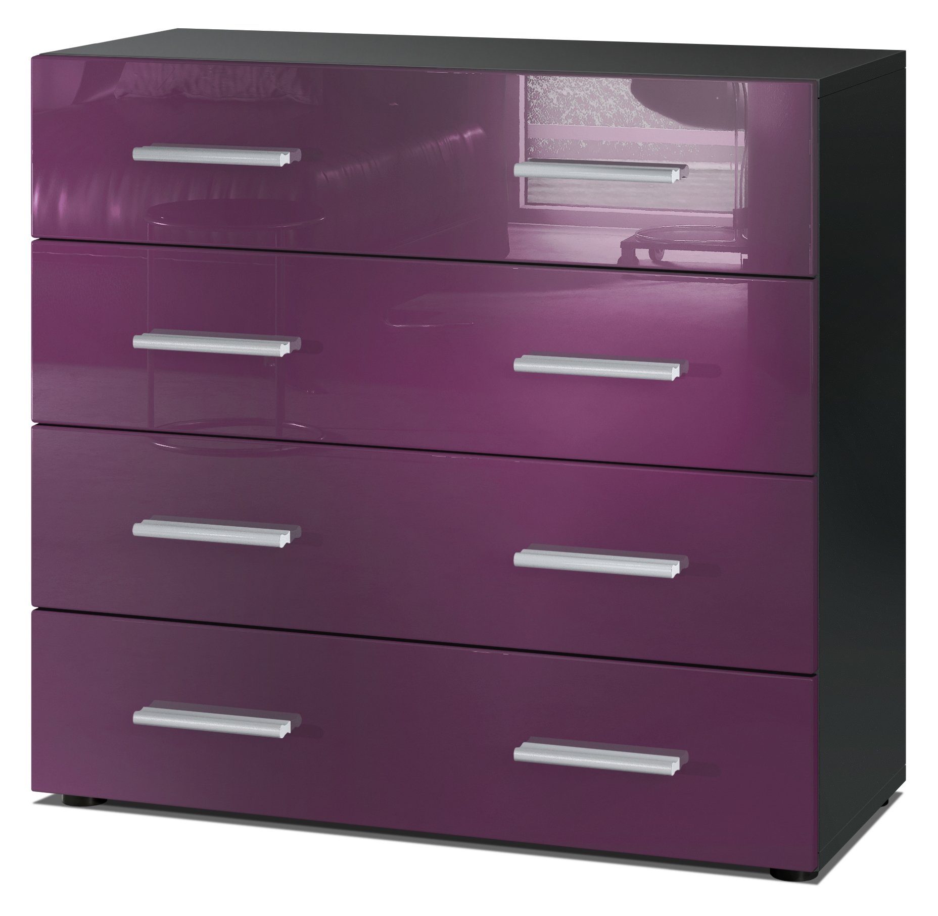 Vladon Kommode Pavos V1 (Kommode, ​mit 4 Schubladen), Schwarz matt/Brombeer Hochglanz (76 x 72 x 35 cm)