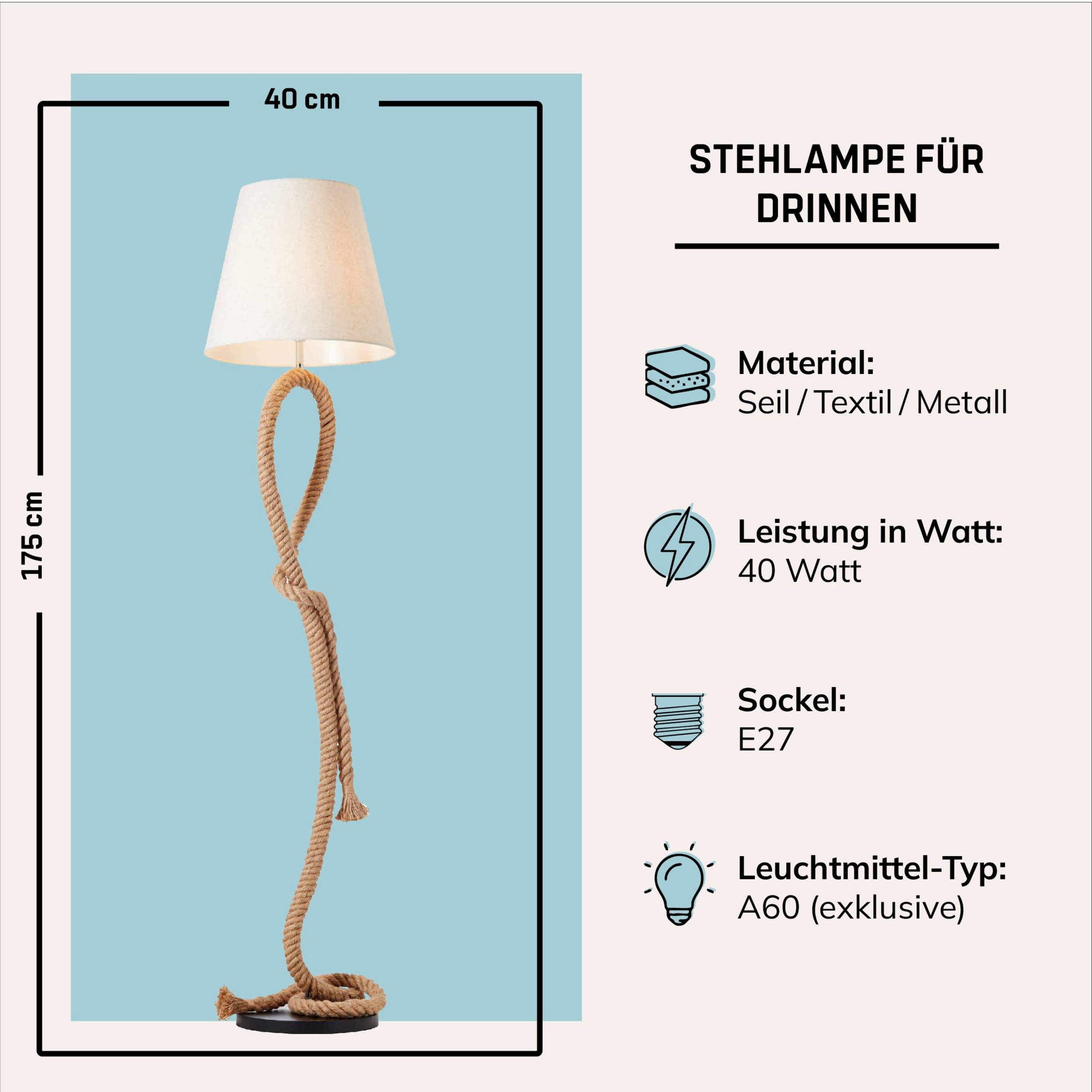 Lightbox Stehlampe, ohne Leuchtmittel, Stehlampe, 175 cm Höhe, Ø 40 cm, E27, max. 40 W, Seil/Textil/Metall