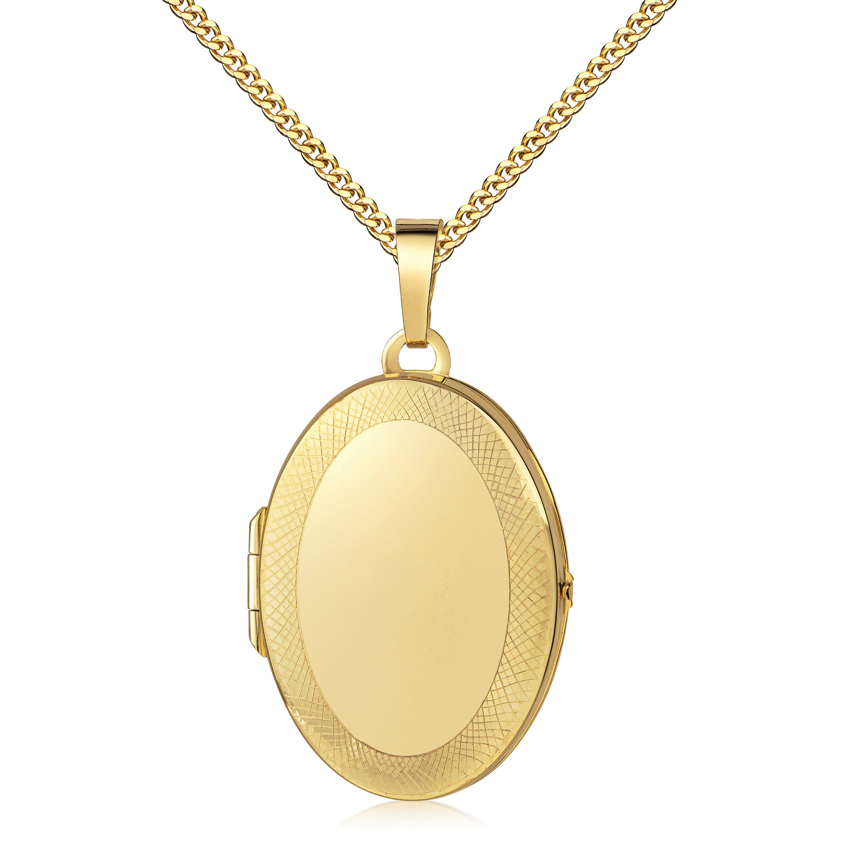 JEVELION Kettenanhänger Medaillon 750 Gold oval Ornament-Rand Verzierung Amulett für 2 Bilder (750er Goldanhänger, für Damen und Mädchen), Mit Kette vergoldet - Länge wählbar 36 - 70 cm