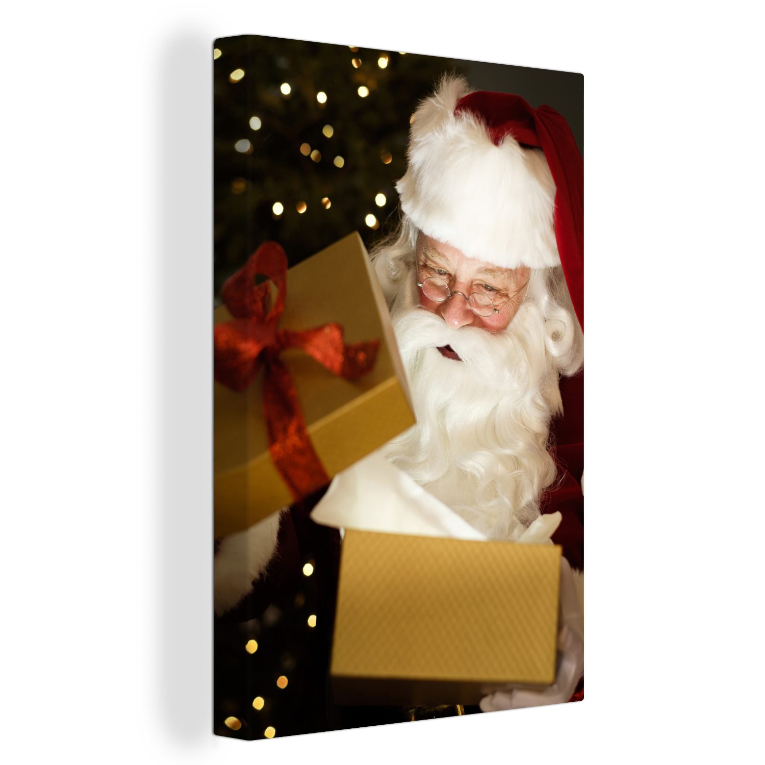 Leinwandbild fertig der des Weihnachtsgeschenke, OneMillionCanvasses® cm Zackenaufhänger, Ein inkl. beim Gemälde, Leinwandbild Porträt 20x30 Weihnachtsmanns (1 Öffnen St), bespannt