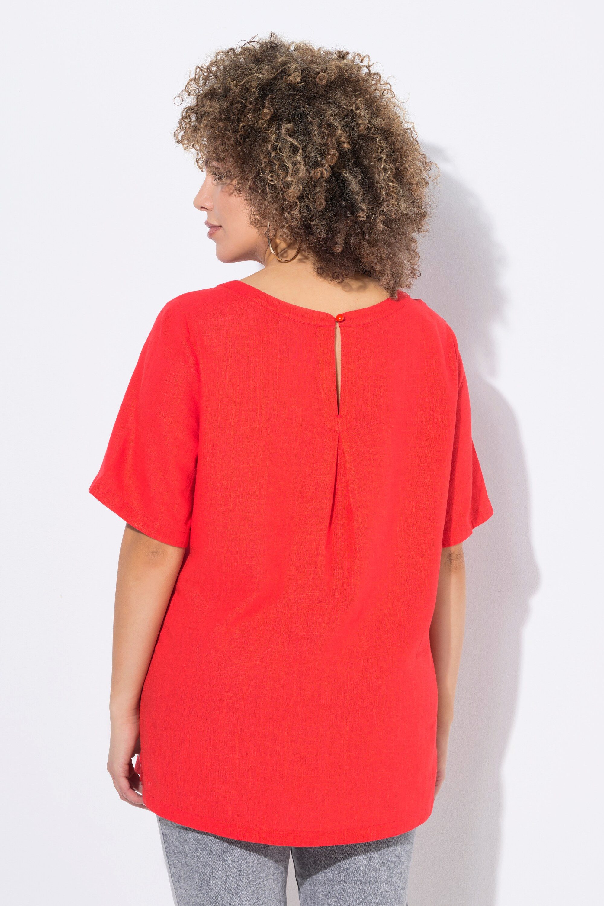 Ulla Popken Longbluse Bluse Leinenmix A-Linie Rundhals Halbarm