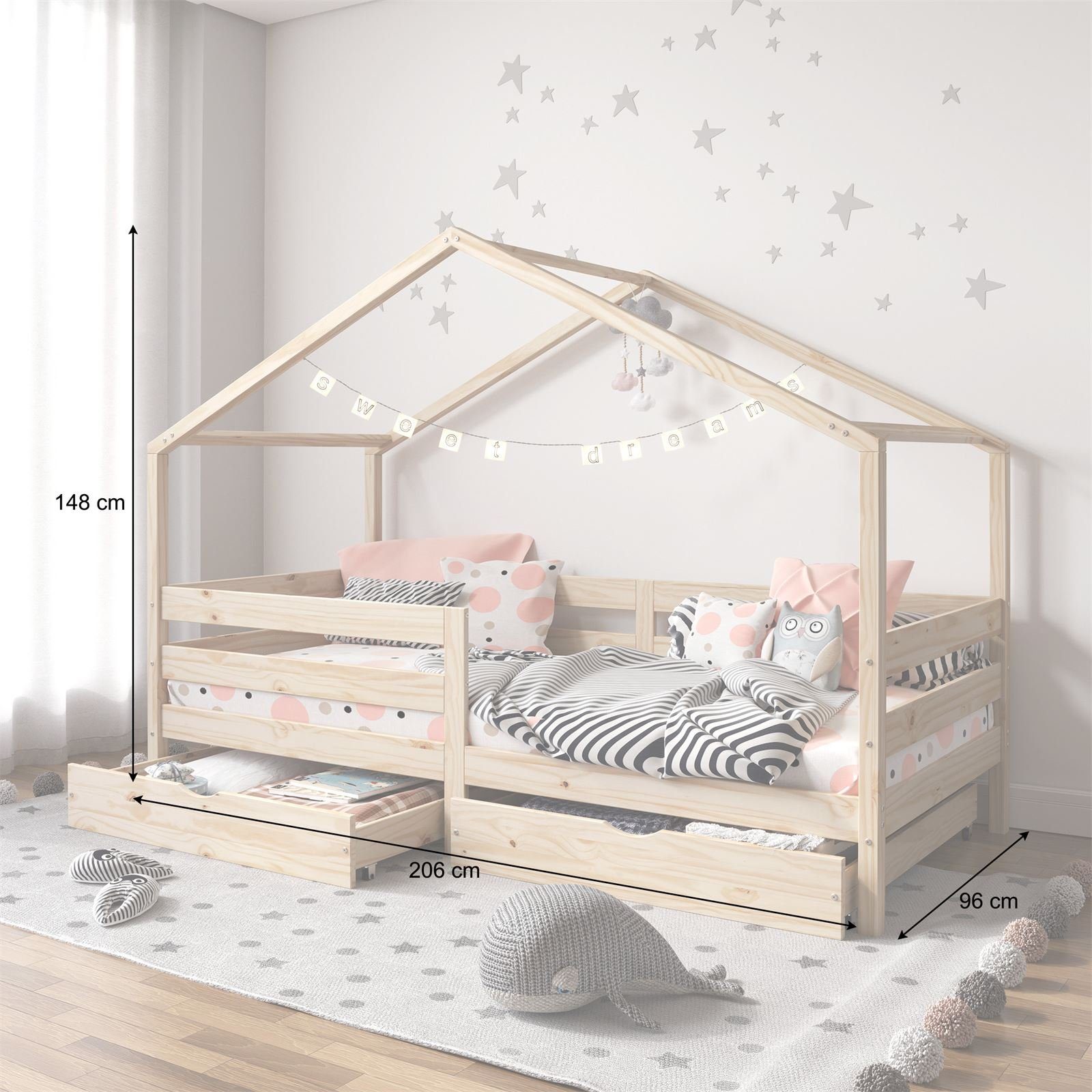 IDIMEX Hausbett ENA, Hausbett Montessori 90 x 200 Bett Rausfallschutz Kiefer Schubladen Kin