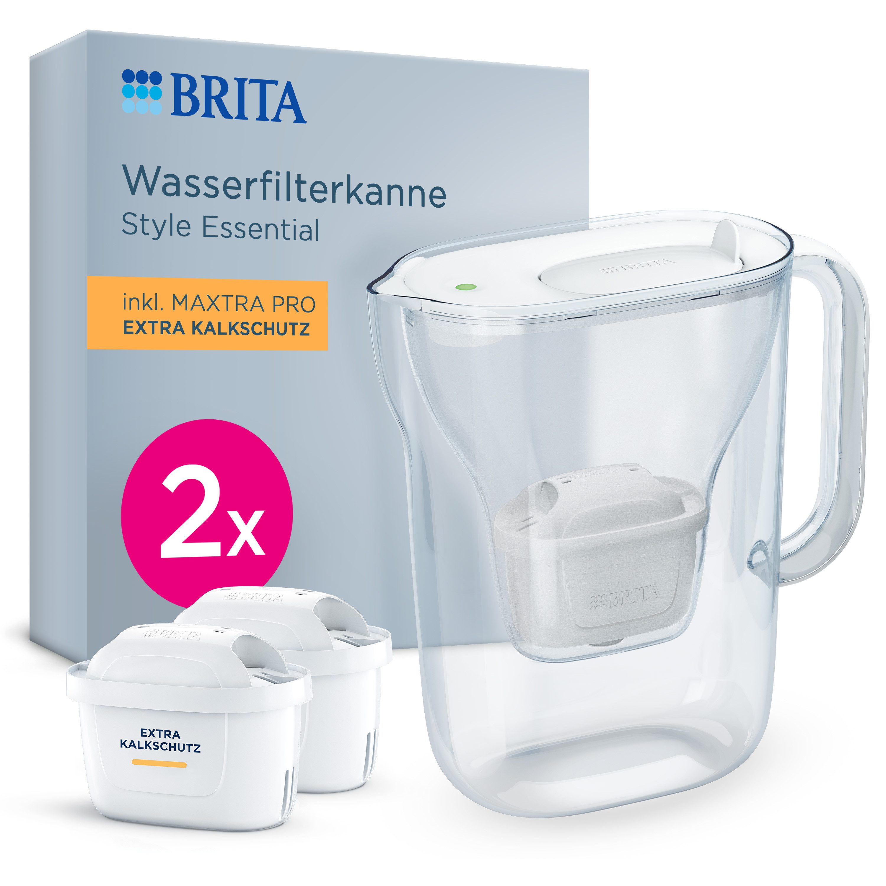 BRITA Wasserfilter Kanne MAXTRA Style Essential weiß (2,4l), 2x Extra Kalkschutz Filter, Filterkanne mit Filterwechselanzeige, Kalkfiltration & Geräteschutz