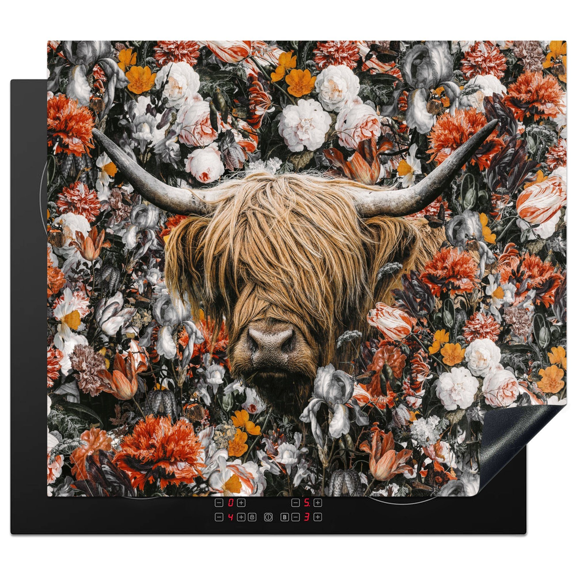 MuchoWow Herdblende-/Abdeckplatte Schottischer Highlander - Blumen - Orange, Vinyl, (1 tlg), 59x52 cm, Ceranfeldabdeckung für die küche, Induktionsmatte