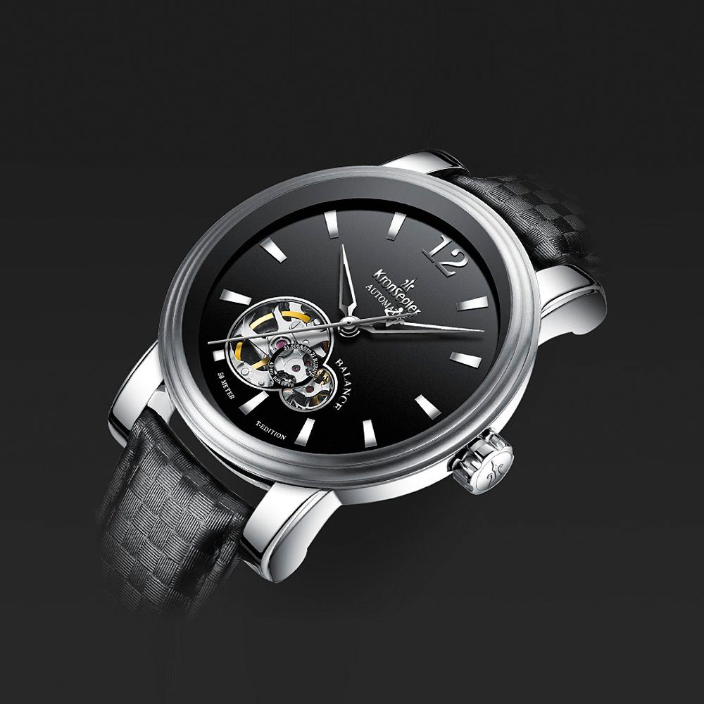 Kronsegler Automatikuhr Balance T-Edition Herrenuhr 40 mm mit Lederband, offene Unruh, teilskelettiertes Zifferblatt, skelettiertes Uhrwerk