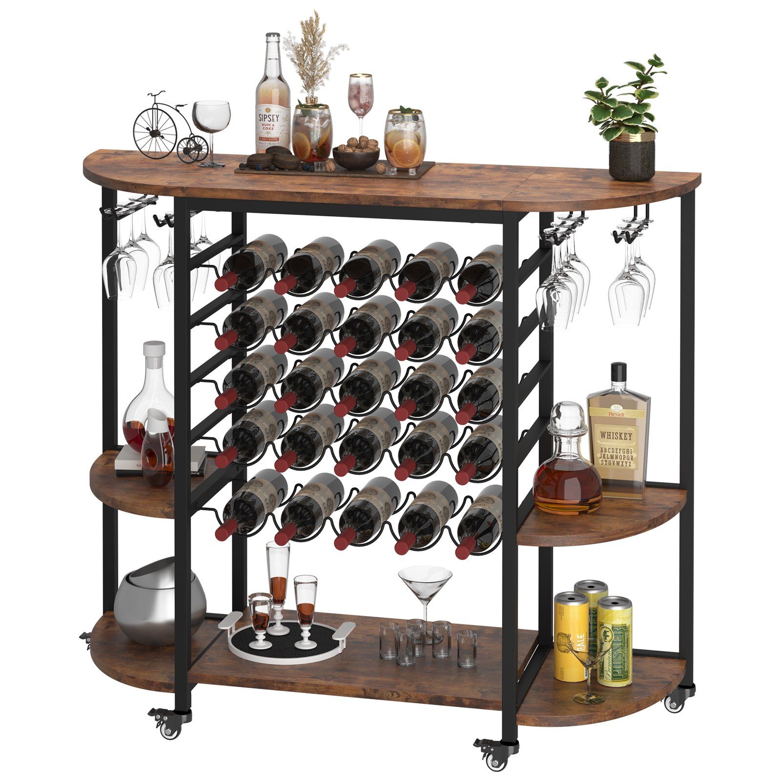 Dripex Weinregal Weinschrank auf Rollen für 25 Flaschen mit Glashalter und Tischplatte