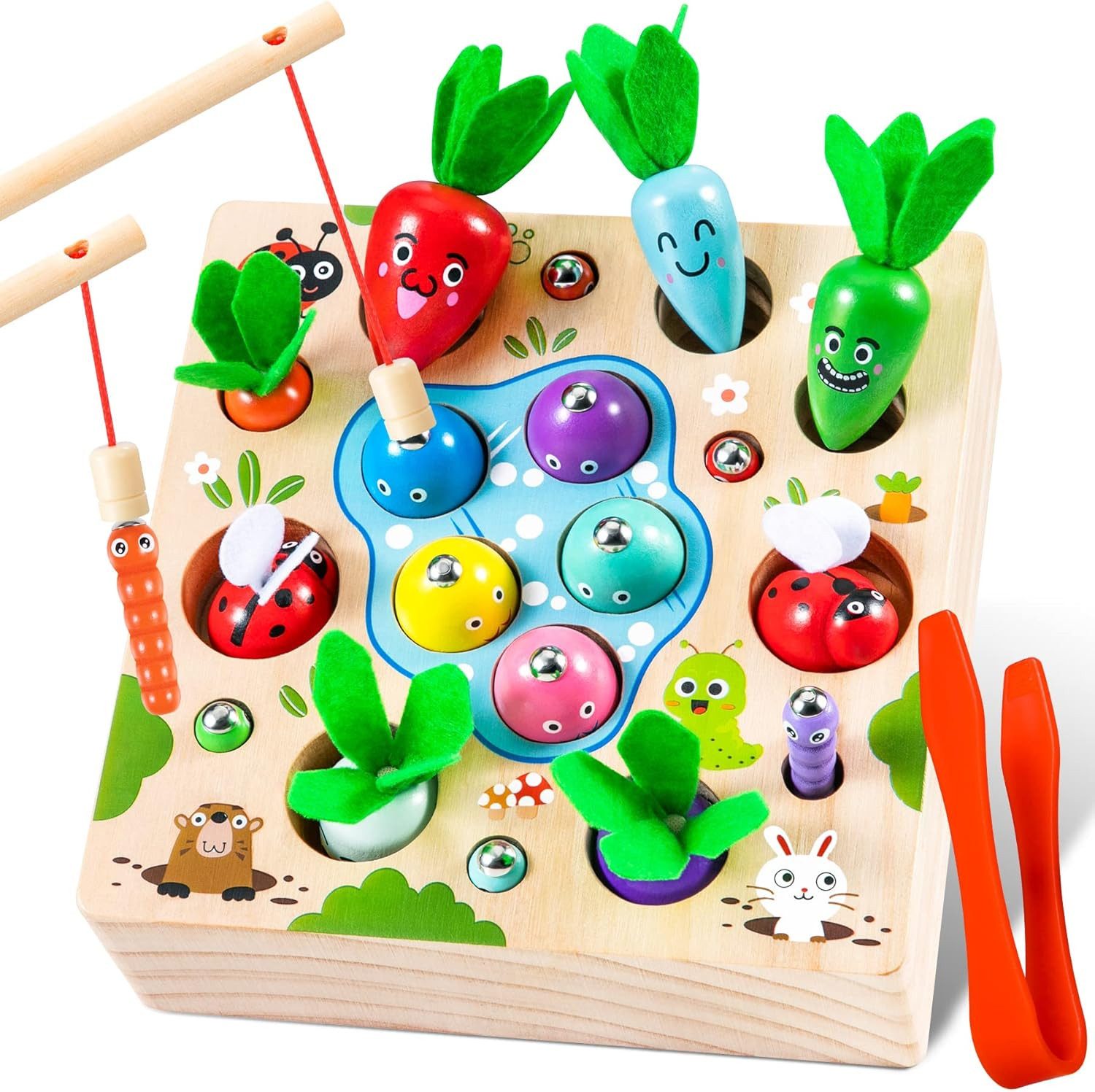 Ophy Lernspielzeug Montessori Lernspielzeug aus Holz – Karotten-Steckspiel (magnetisches Angelspiel – Motorikspielzeug für Kinder ab 1–3 Jahren), Geschenk für Jungen & Mädchen