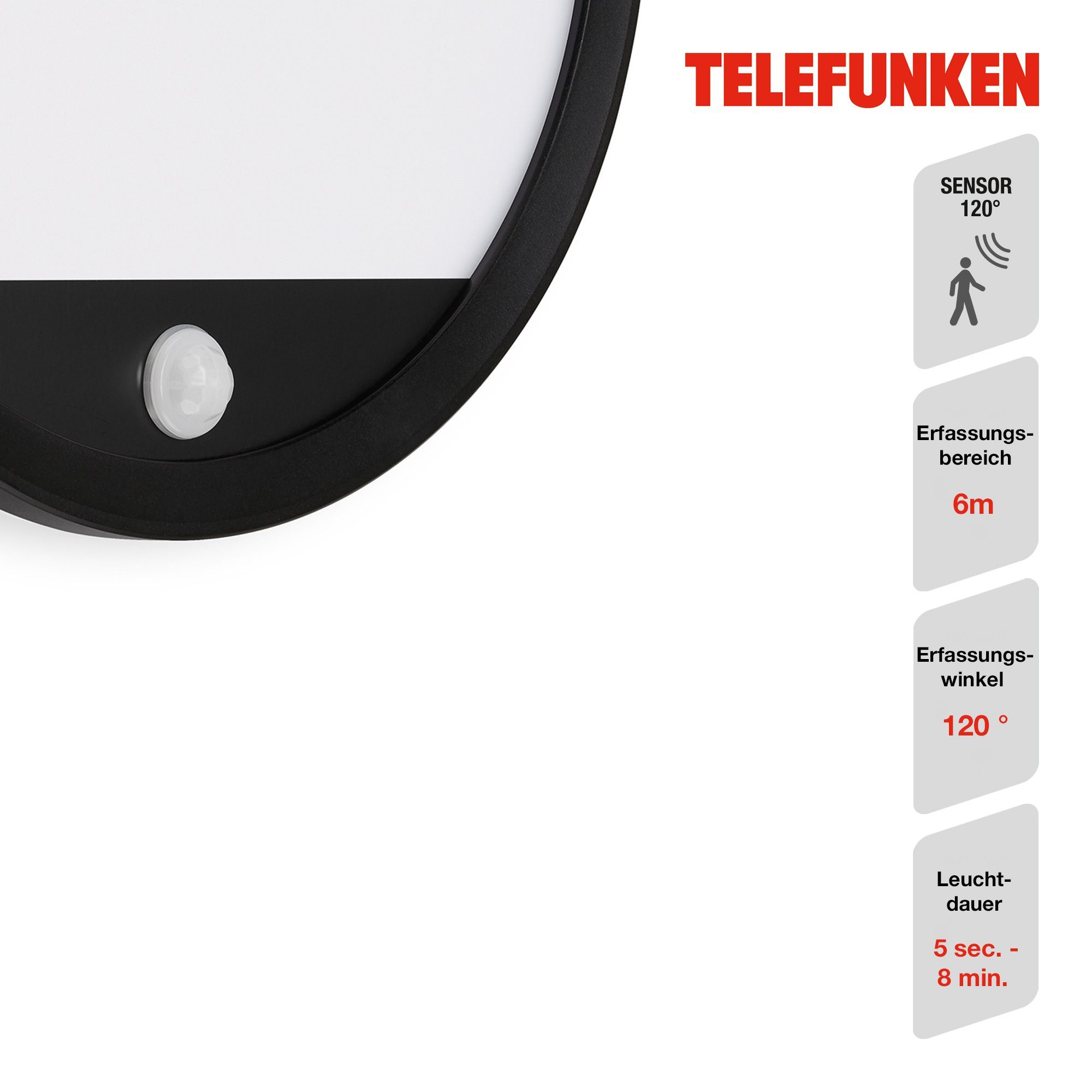 Telefunken LED 2000lm 313705TF, Bewegungsmelder fest Außenleuchte Außen-Wandleuchte 28cm Neutralweiß, Ø IP44 verbaut, LED