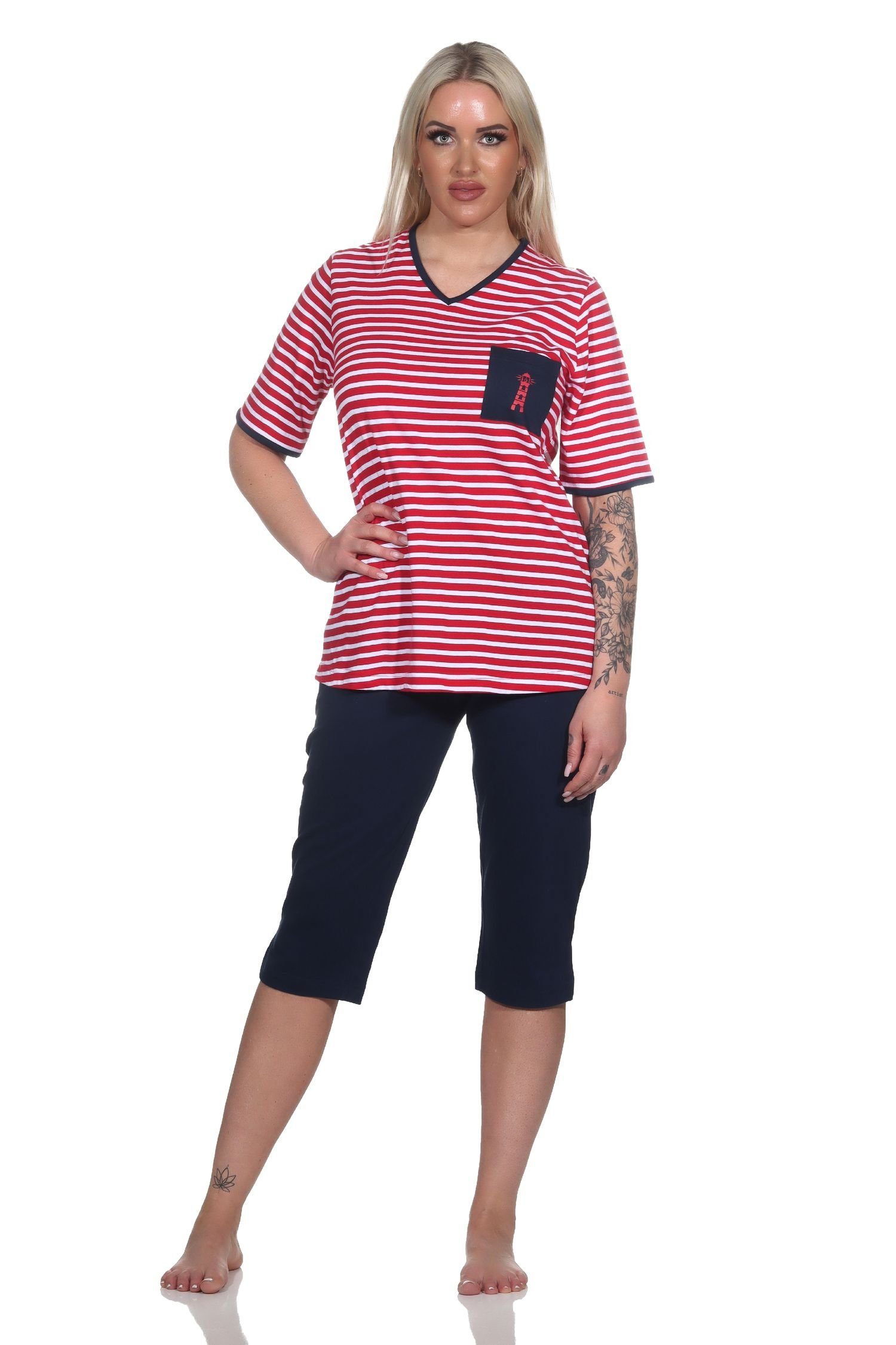 Normann Pyjama Damen Kurzarm maritimer Motiv Capri Leuchtturm Pyjama und Optik in rot