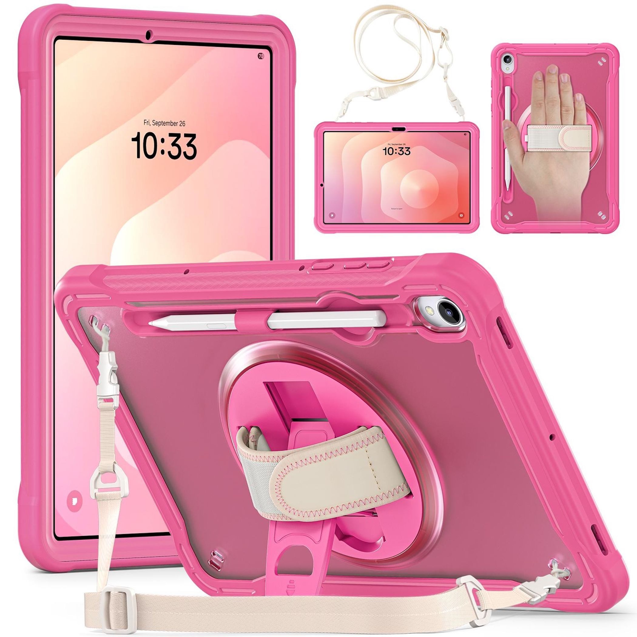 Wigento Tablet-Hülle Für Samsung Galaxy Tab S11 360 Grad Rotation Heavy Hybrid Hülle Rosa, Handgriff, Standfunktion, Schultergurt