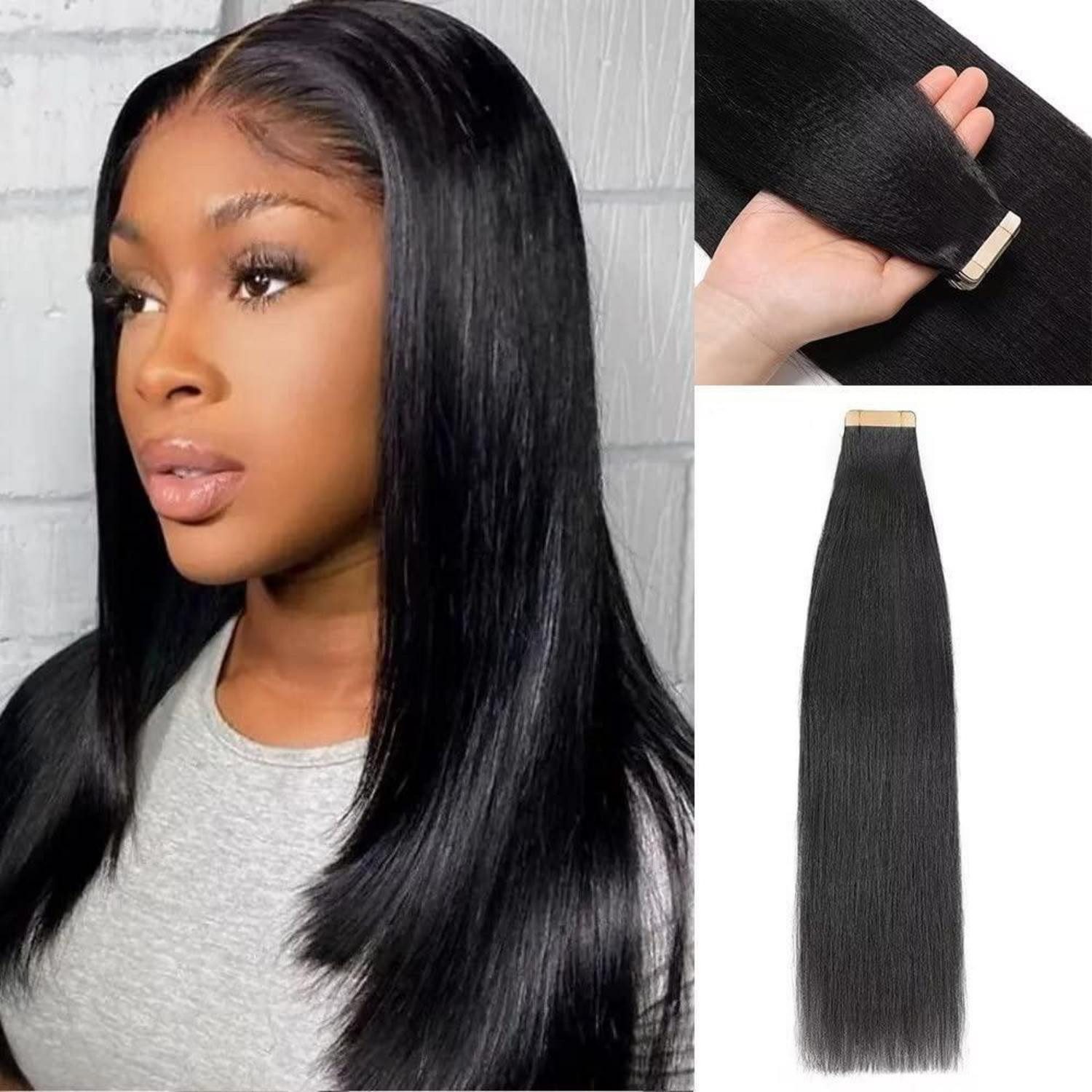 LuxusKollektion Echthaar-Extension Tape Extensions Echthaar TapeIn Yaki 1B#-YK 14zoll-35.5cm(40er Pack)