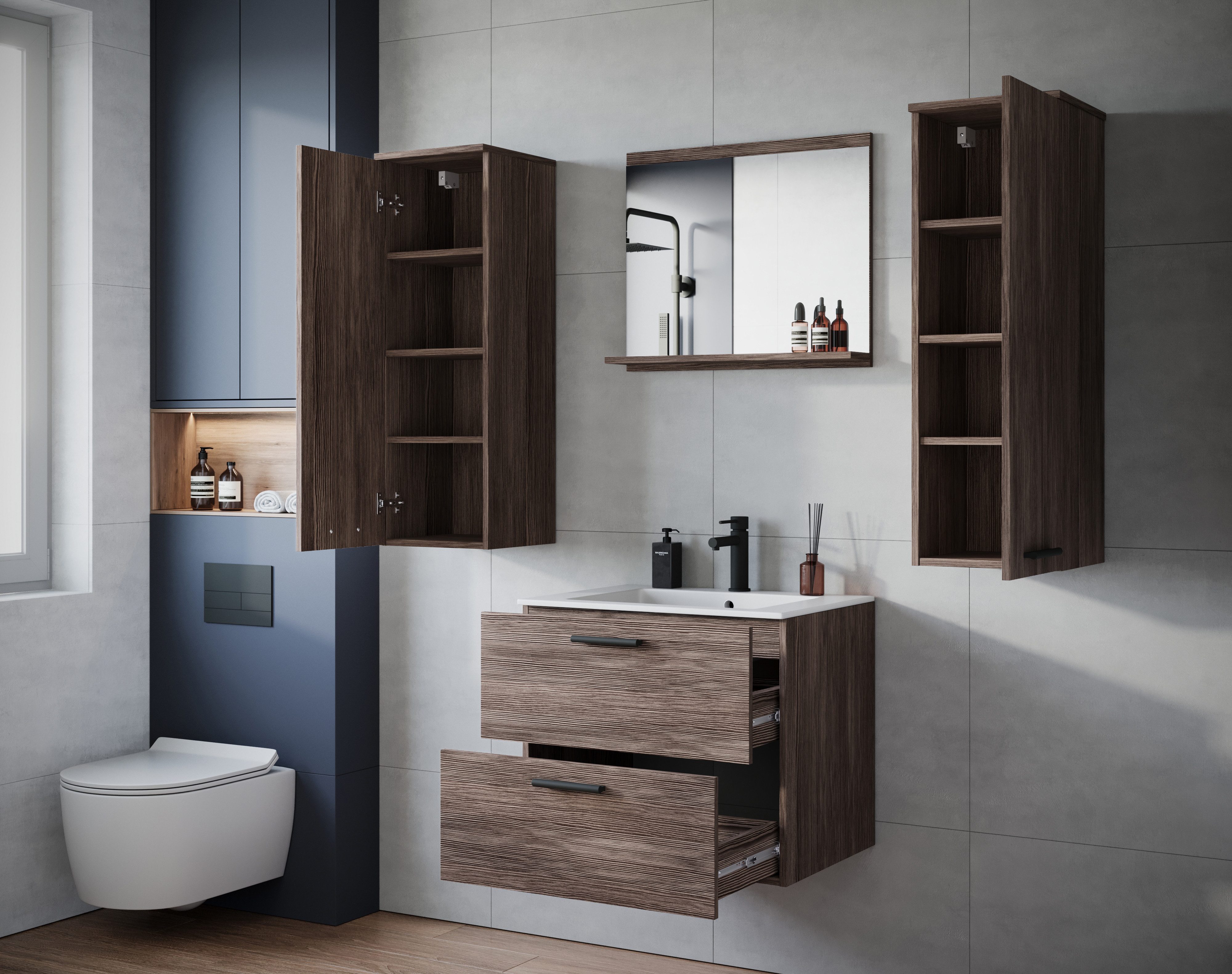 welltime Badmöbel-Set PILA, (Set, 4-St), Badmöbel 4-teilig, verstellbare Einlegeböden, Schubladen