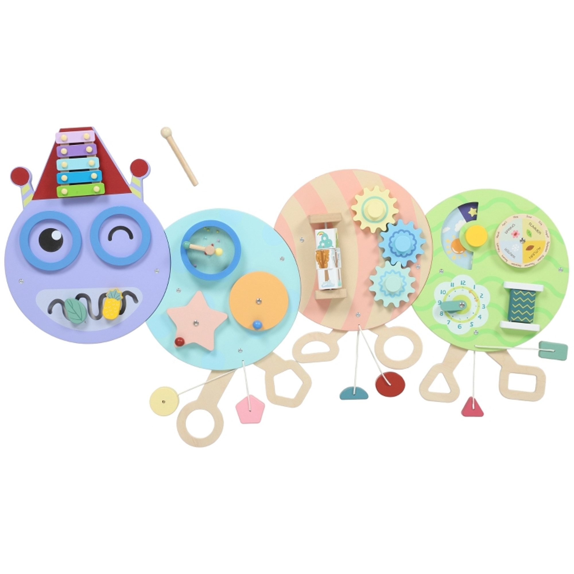 MC Star Lernspielzeug 7-in-1 Wandspielzeug, Xylophon, Zahnräder, Raupen-Design, MDF, 108 cm