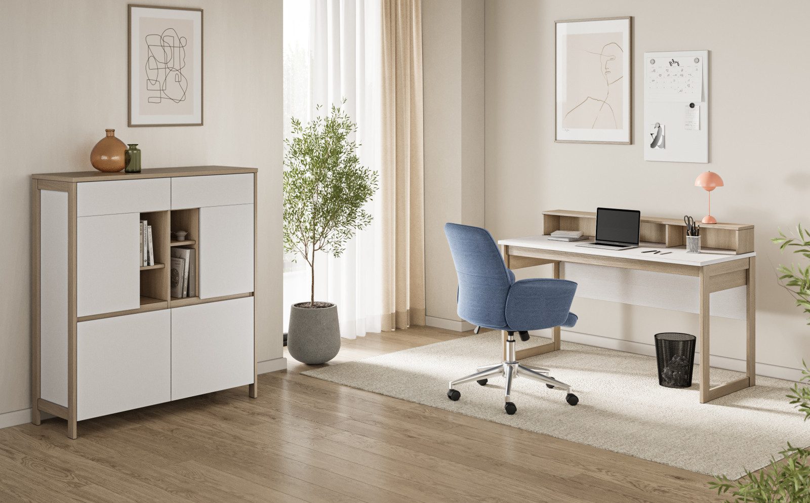 Furn.Design Büromöbel-Set Finnes, (Arbeitszimmer Set in Eiche weiß und Eiche natur, 2-tlg., Schreibtisch und hohe Kommode), mit viel Stauraum und Soft-Close-Türen