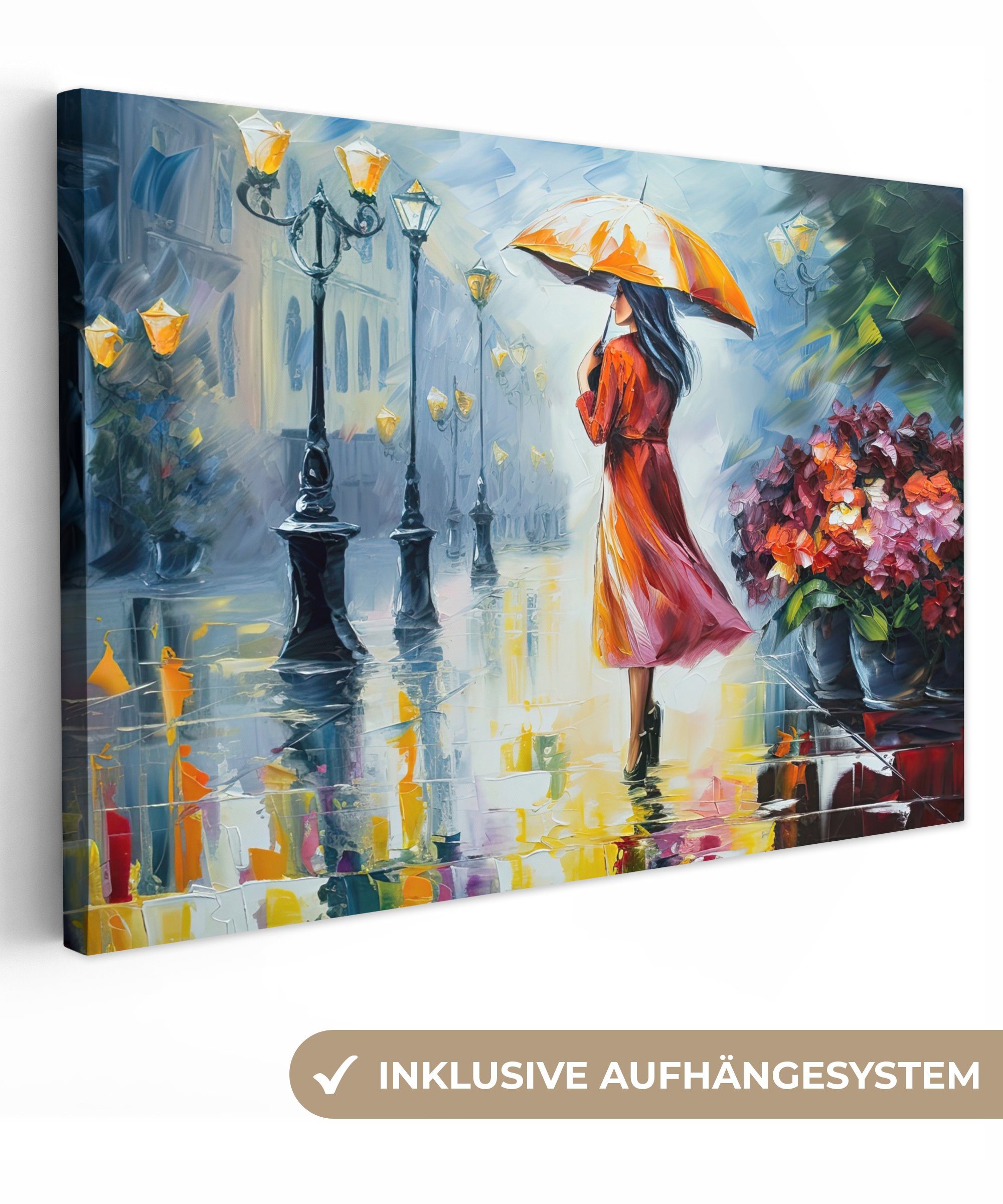 OneMillionCanvasses® Leinwandbild Ölfarbenoptik - Regenschirm - Frau - Straße - Kunst, Fotodruck (1 St), Leinwände Wanddeko Wohnzimmer Schlafzimmer 60x40 cm