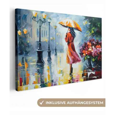 OneMillionCanvasses® Leinwandbild Ölgemälde - Regenschirm - Frau - Straße - Kunst, (1 St), Wandbild Leinwandbilder, Aufhängefertig, Wanddeko, 30x20 cm