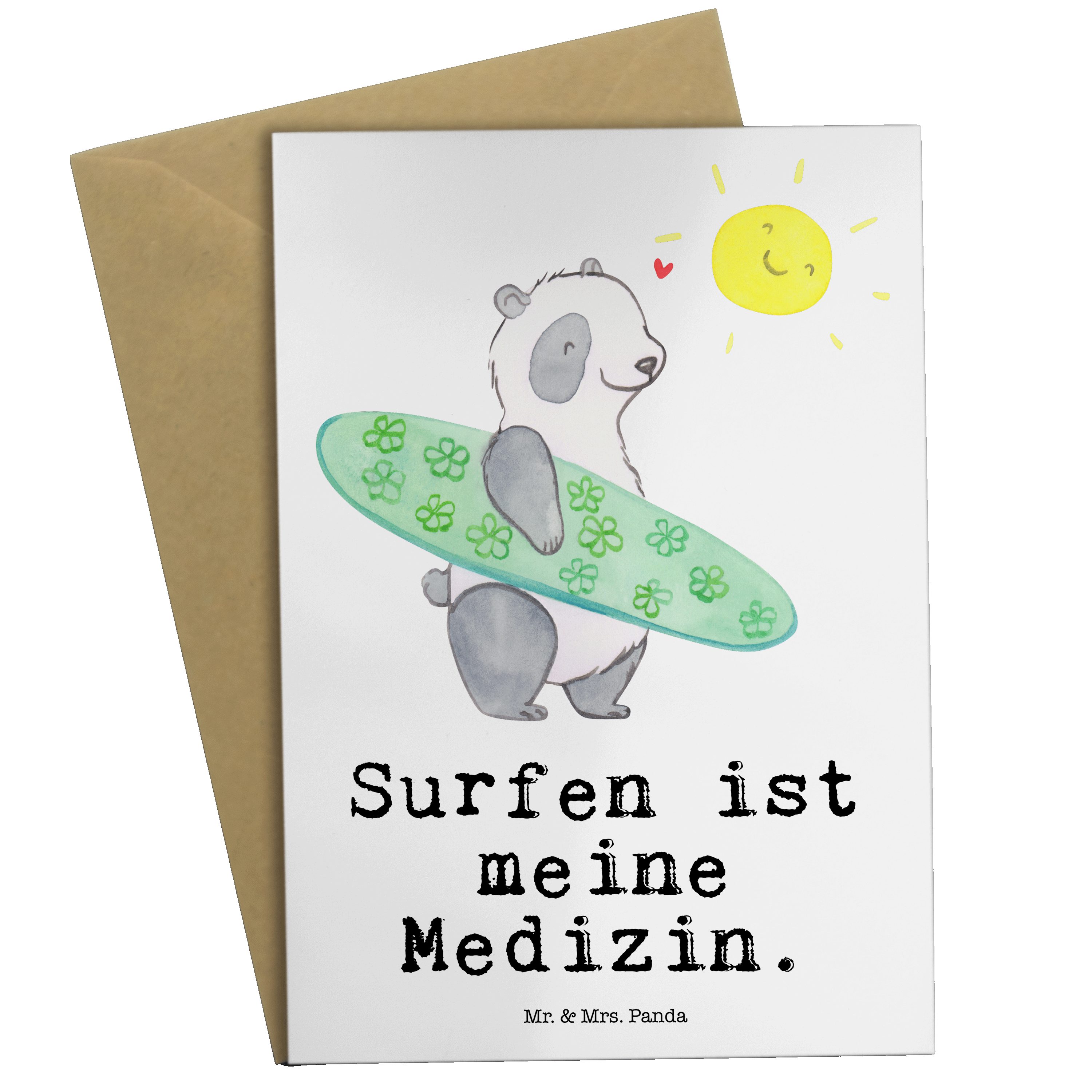 Mr. & Mrs. Panda Grußkarte Panda Surfen Medizin - Weiß - Geschenk, Einladungskarte, Karte, Glück